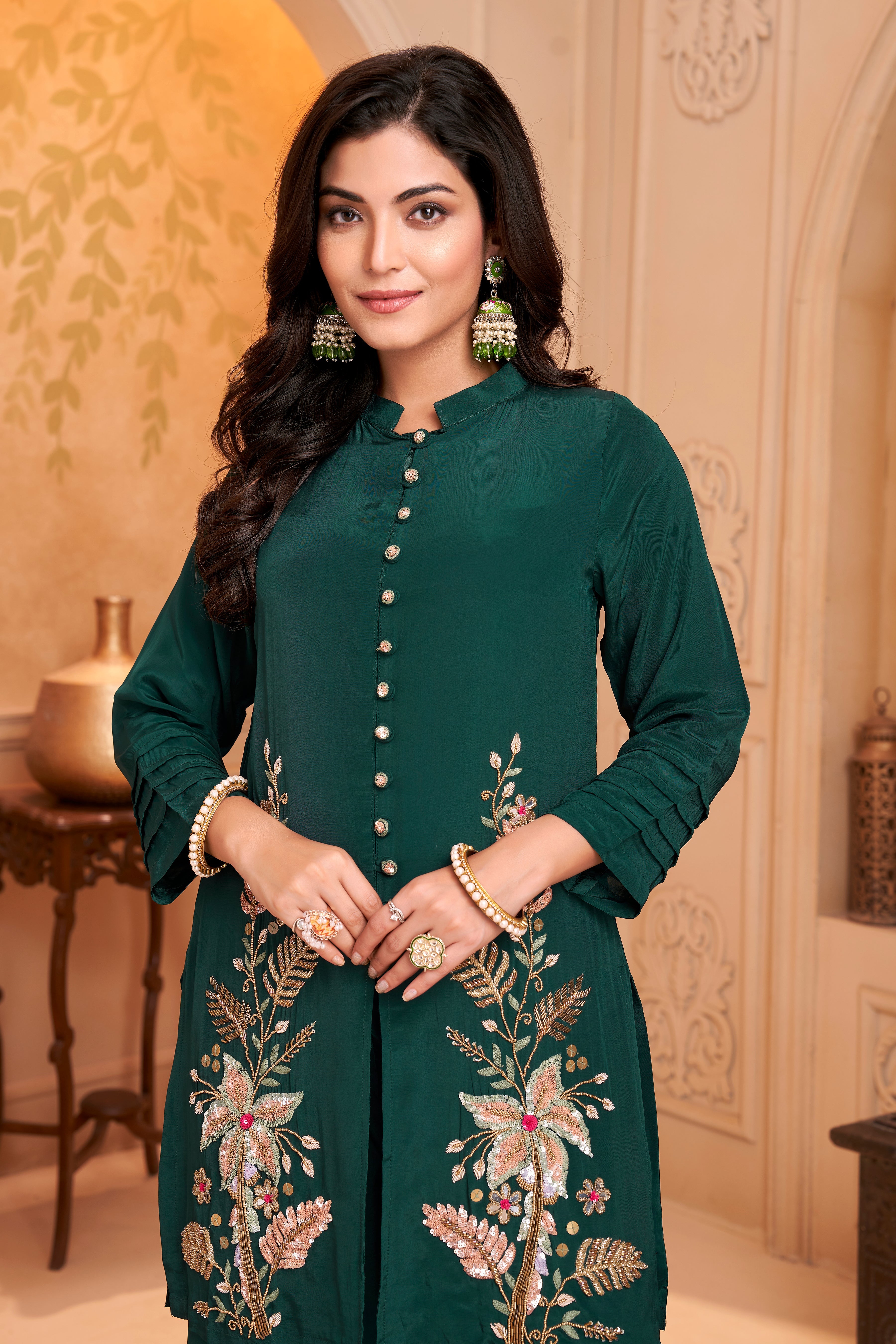 Forest Green Embellished Crepe Silk Palazzo Set