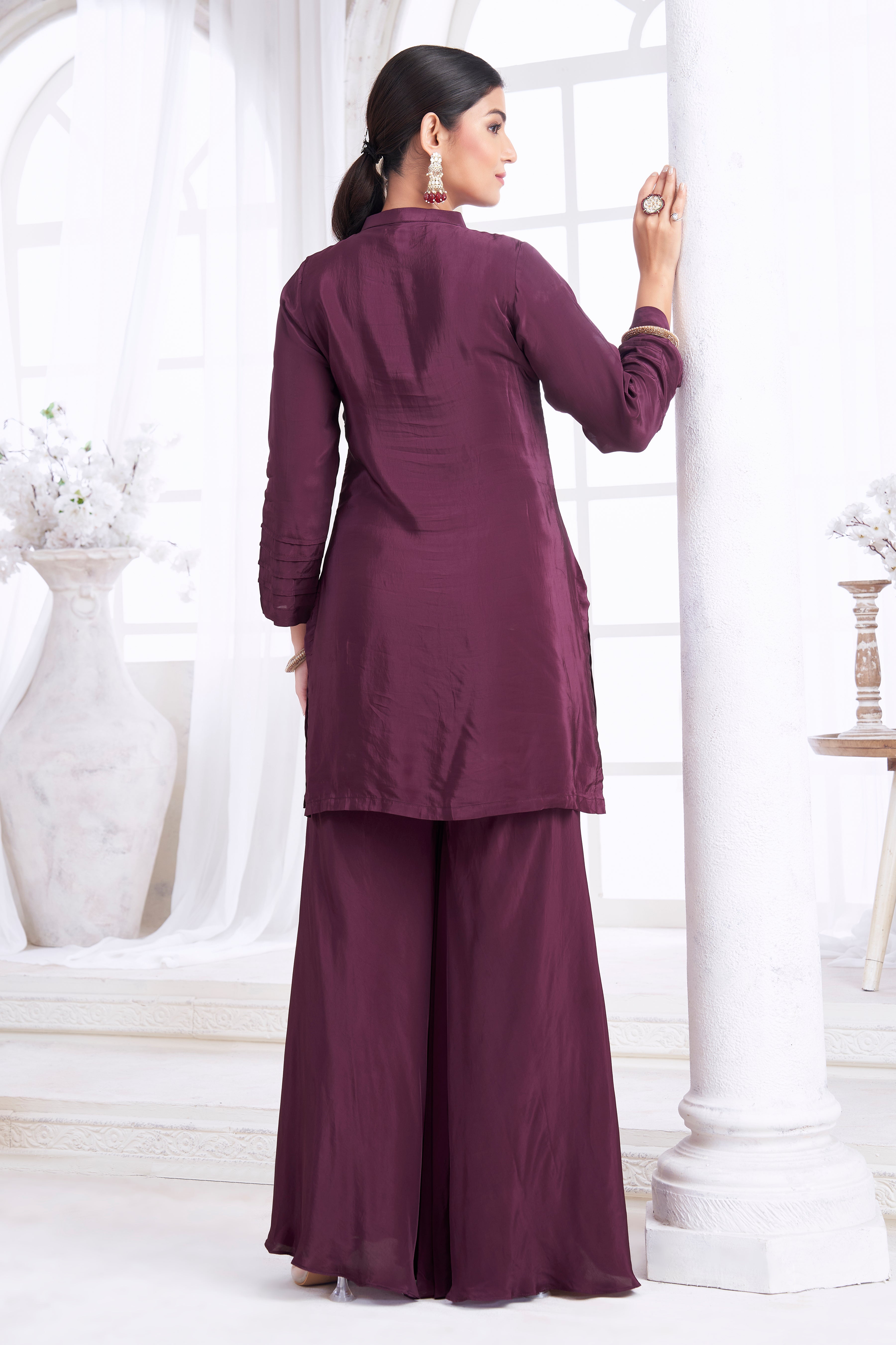 Deep Wine Embellished Crepe Silk Palazzo Set