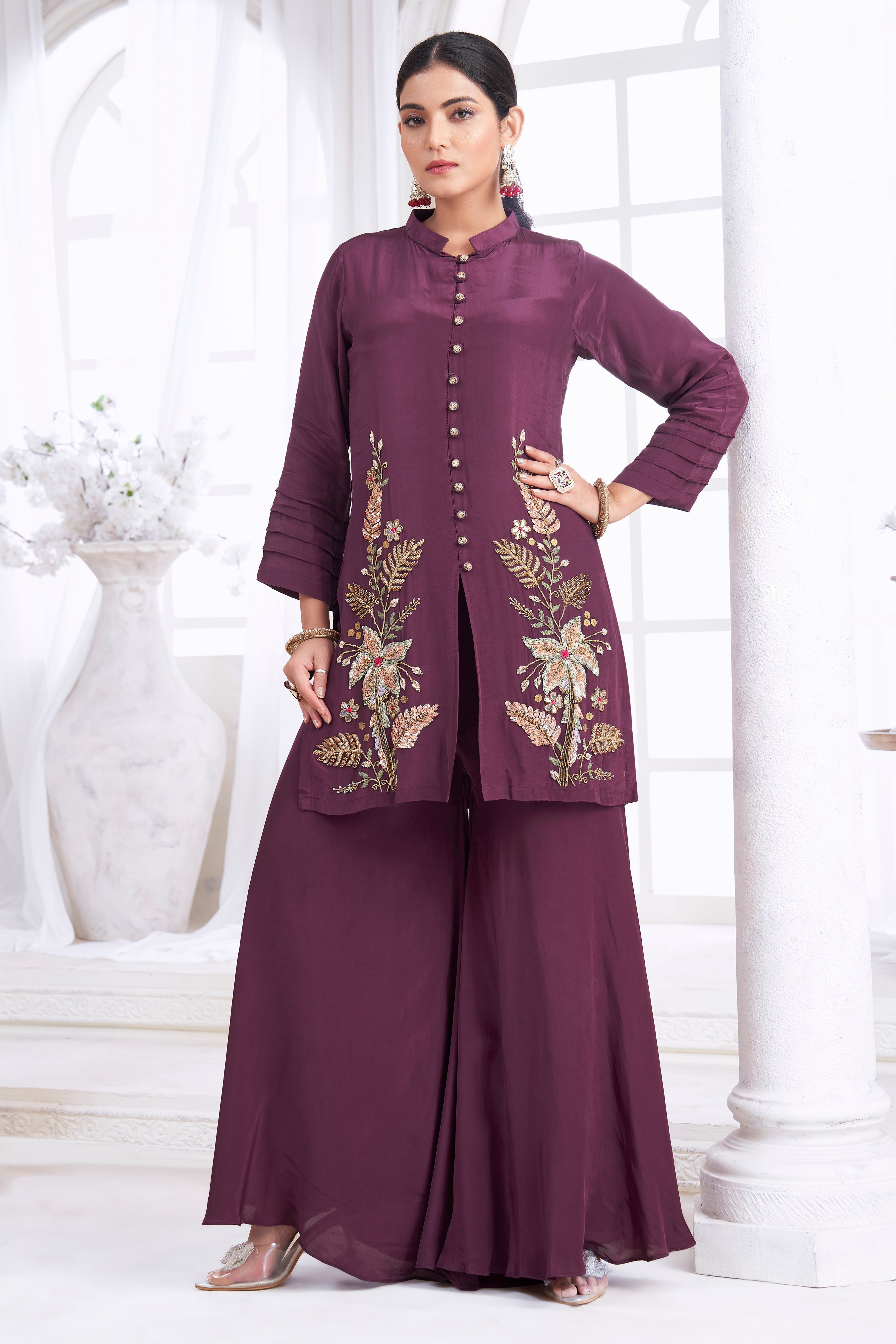 Deep Wine Embellished Crepe Silk Palazzo Set