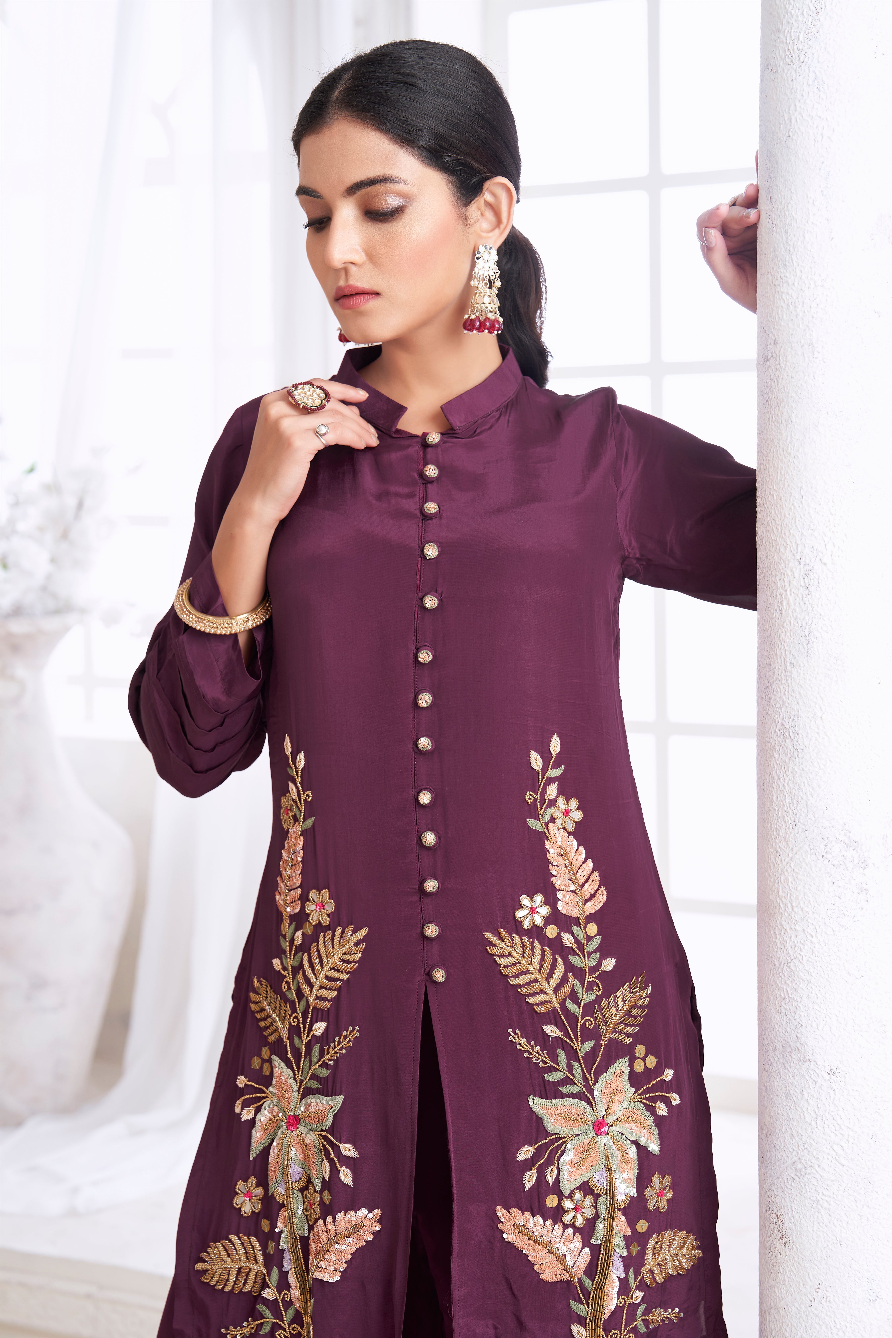 Deep Wine Embellished Crepe Silk Palazzo Set