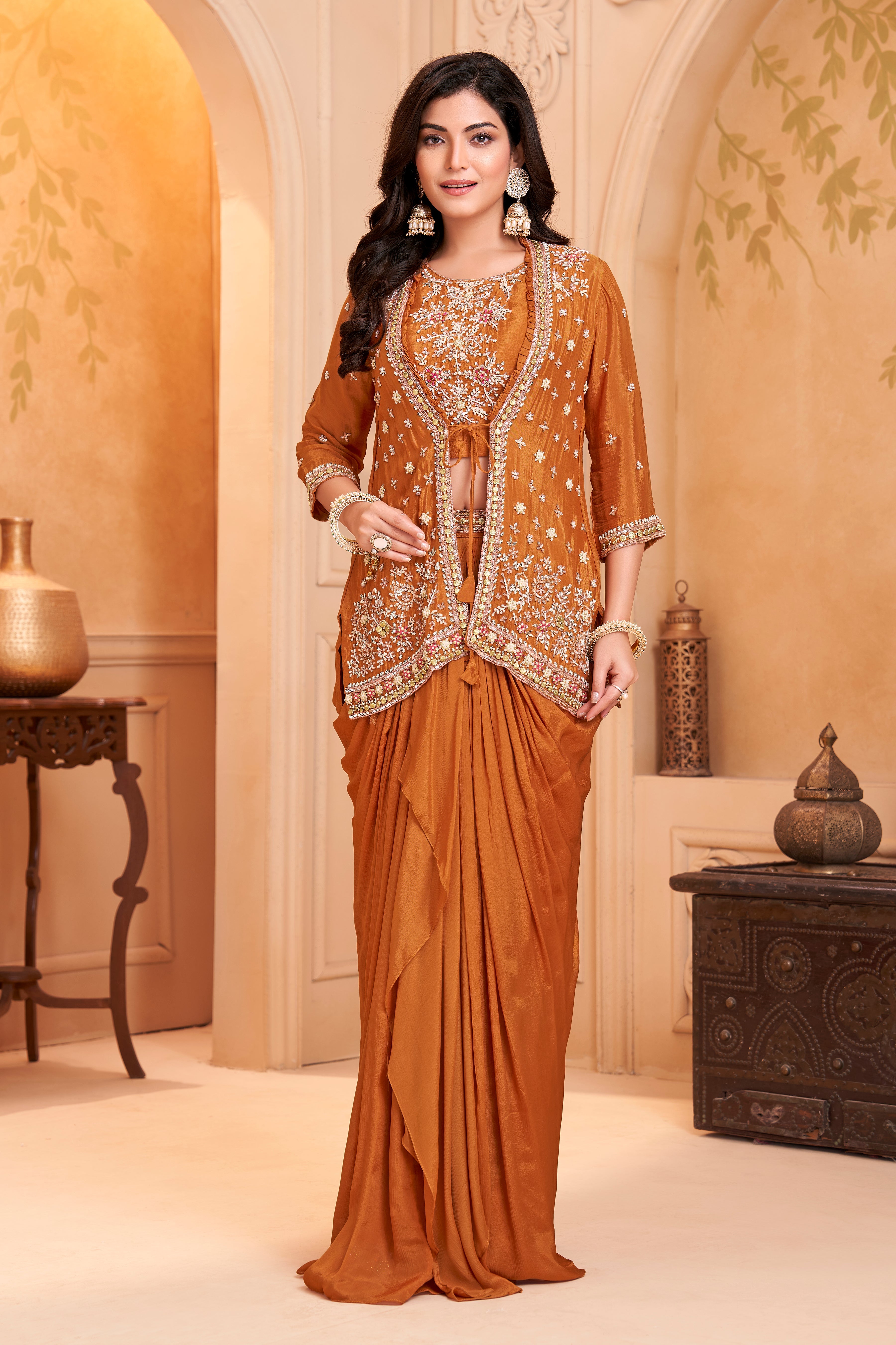 Saffron Orange Embellished Chinon Silk Skirt Set