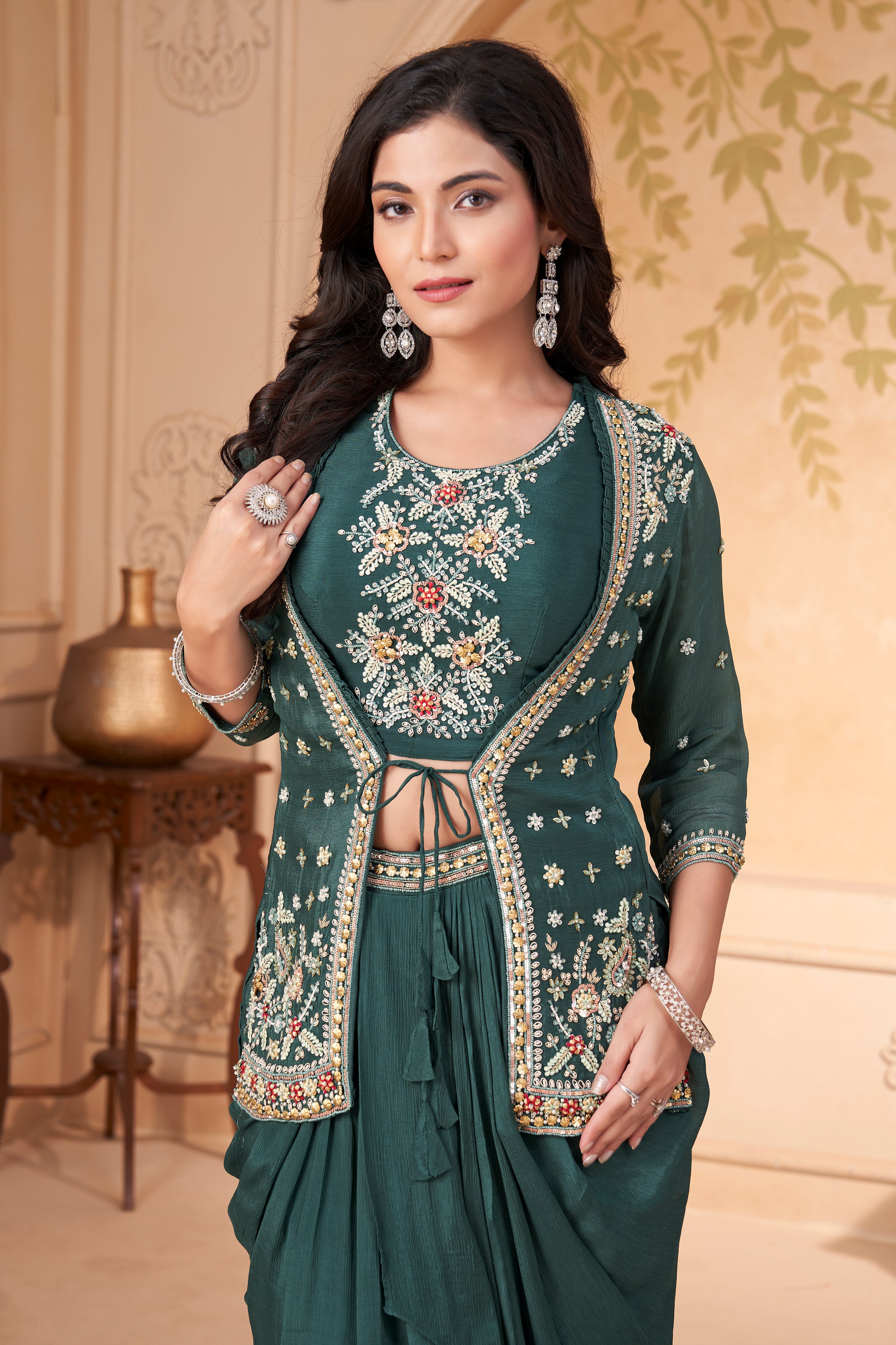 Pine Green Embellished Chinon Silk Skirt Set