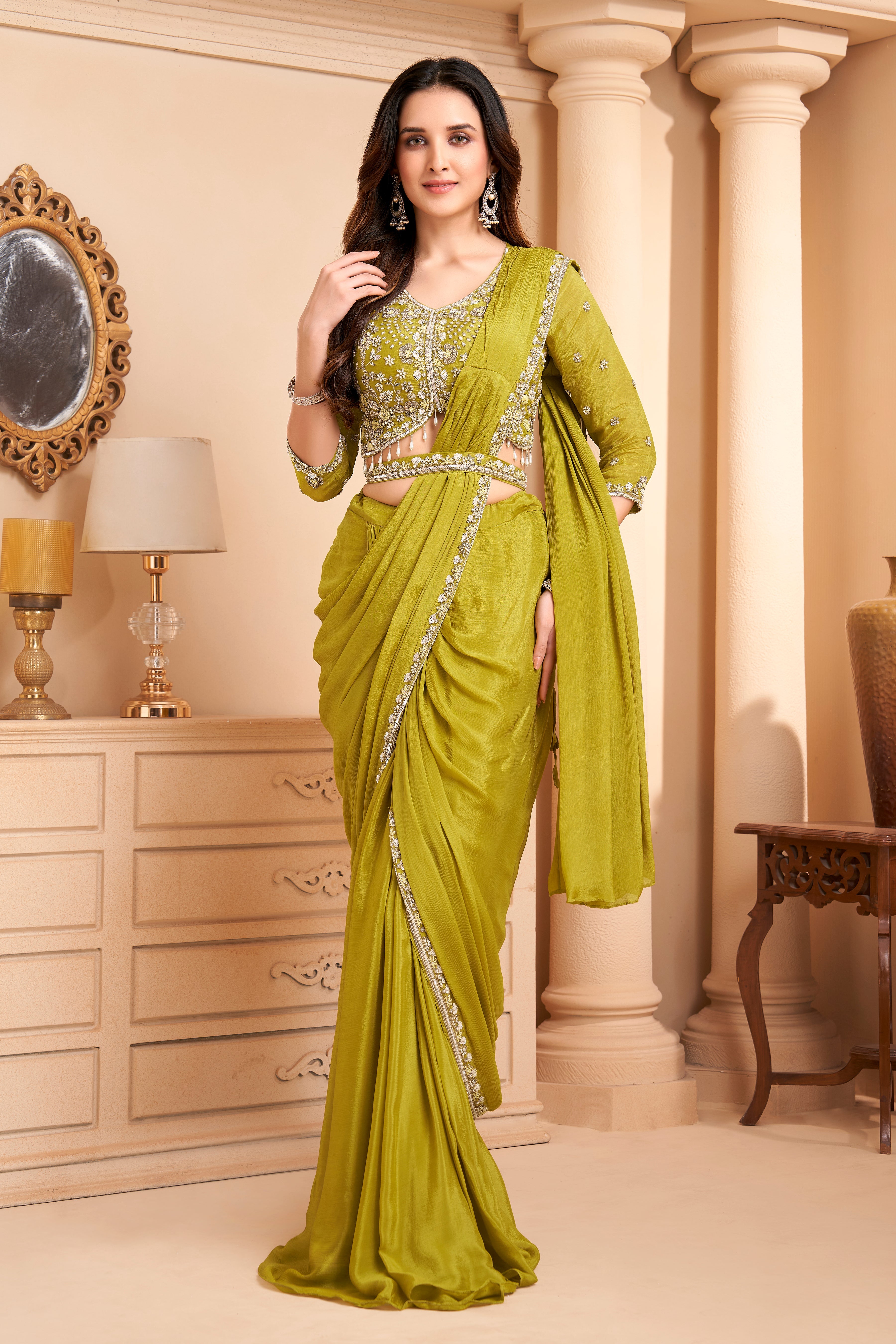 Mustard Green Embellished Crepe Silk Drape Saree