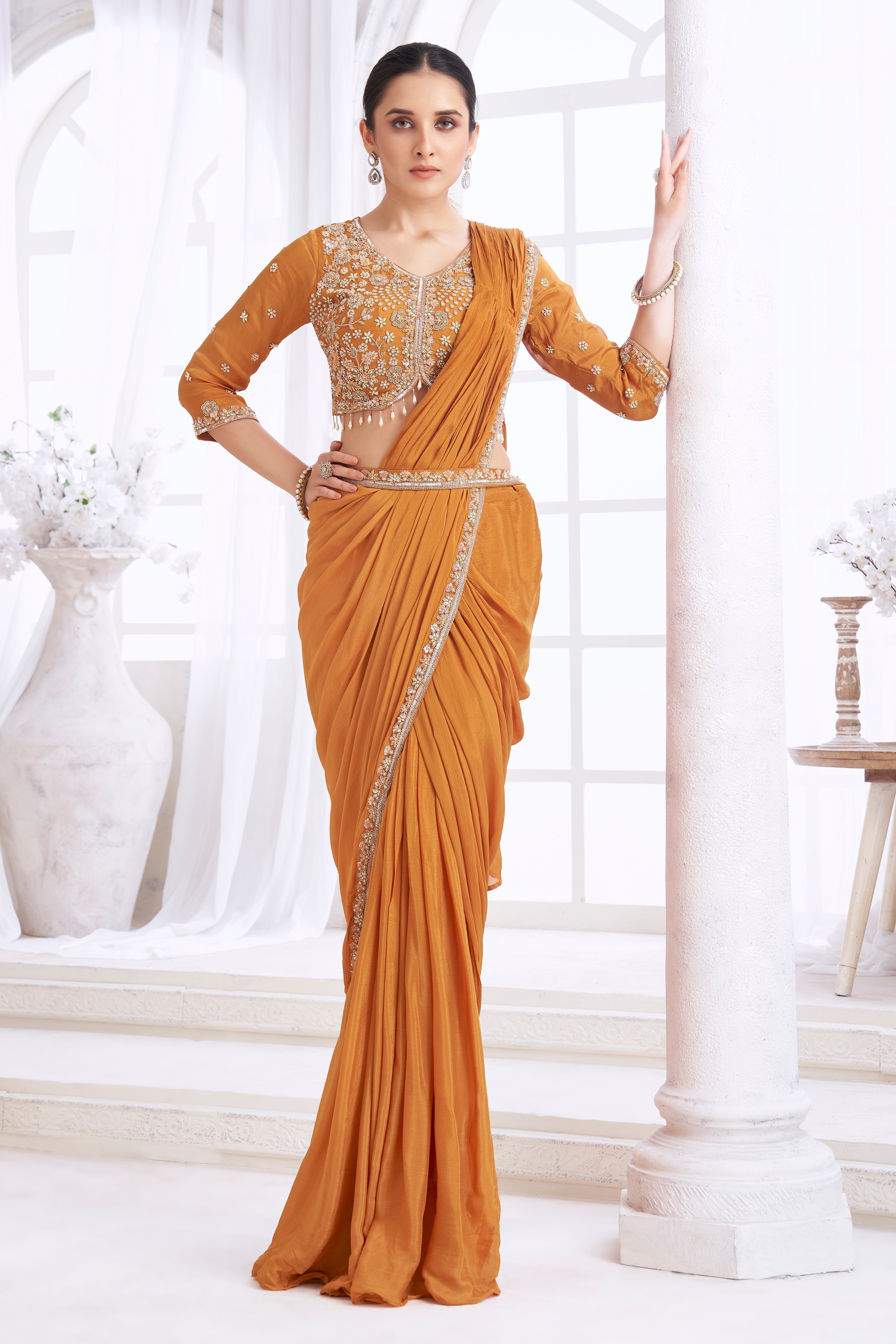 Deep Turmeric Embellished Crepe Silk Drape Saree