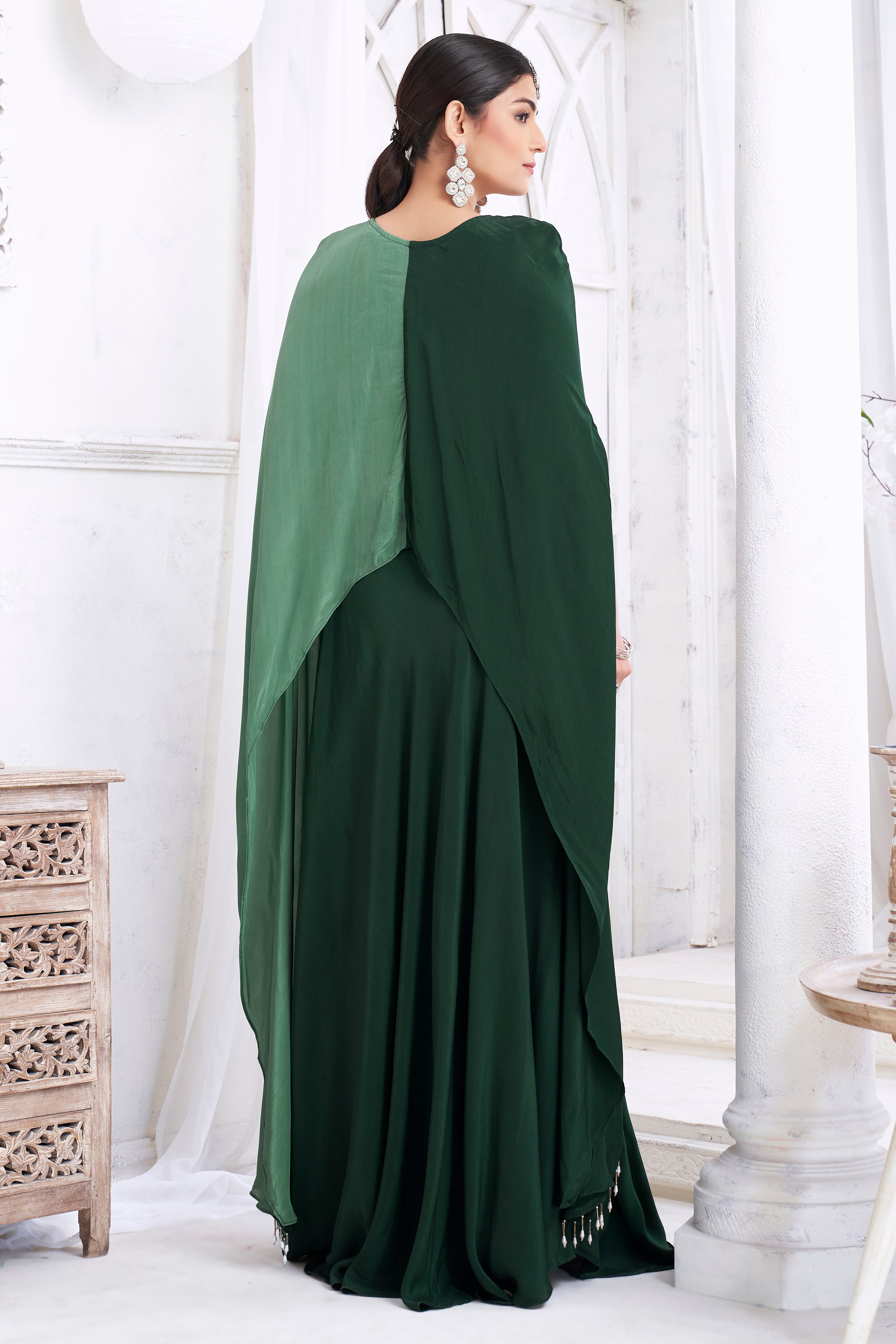 Forest Green Embellished Crepe Silk Kaftan Set