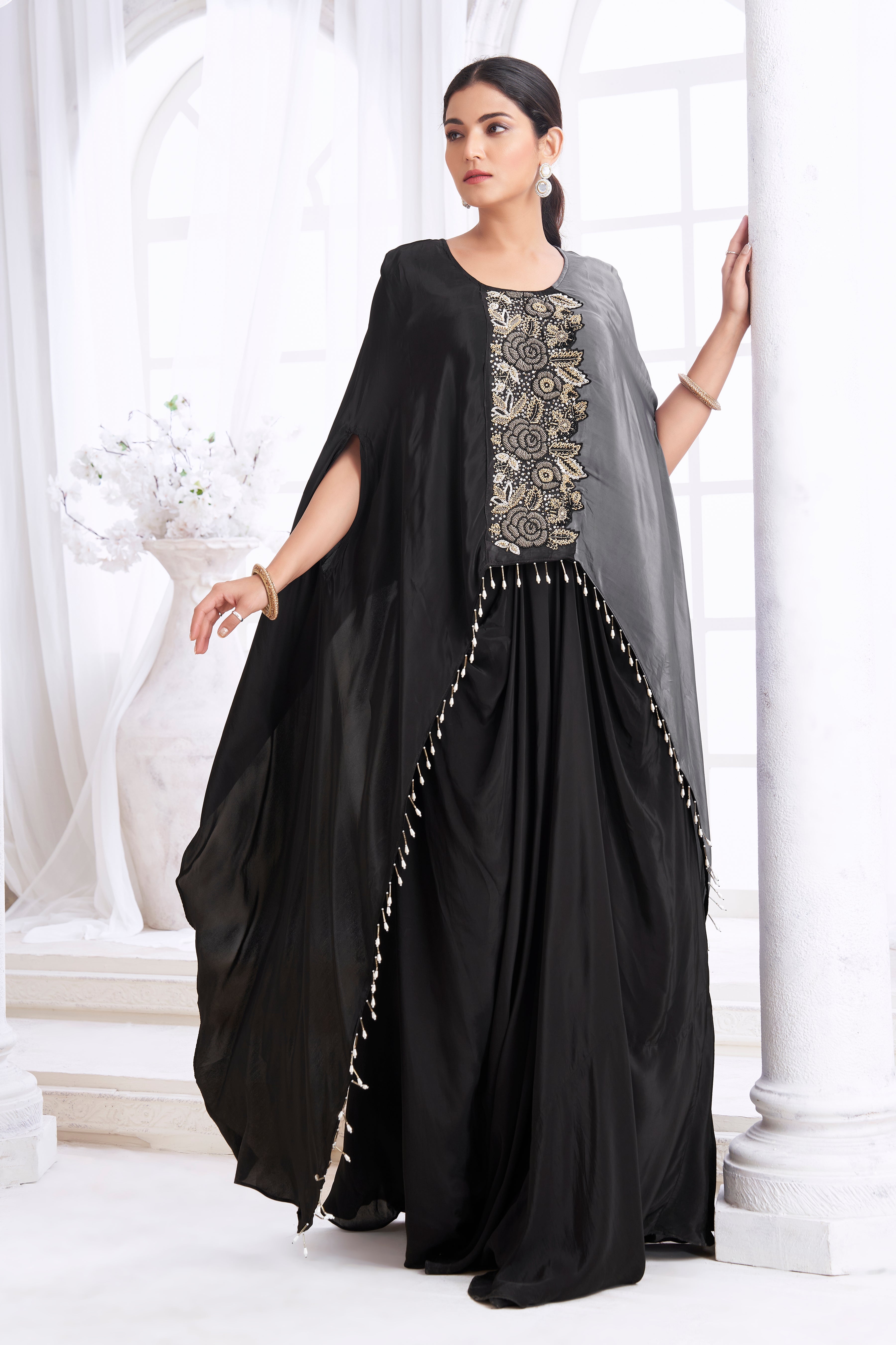 Onyx Embellished Crepe Silk Kaftan Set