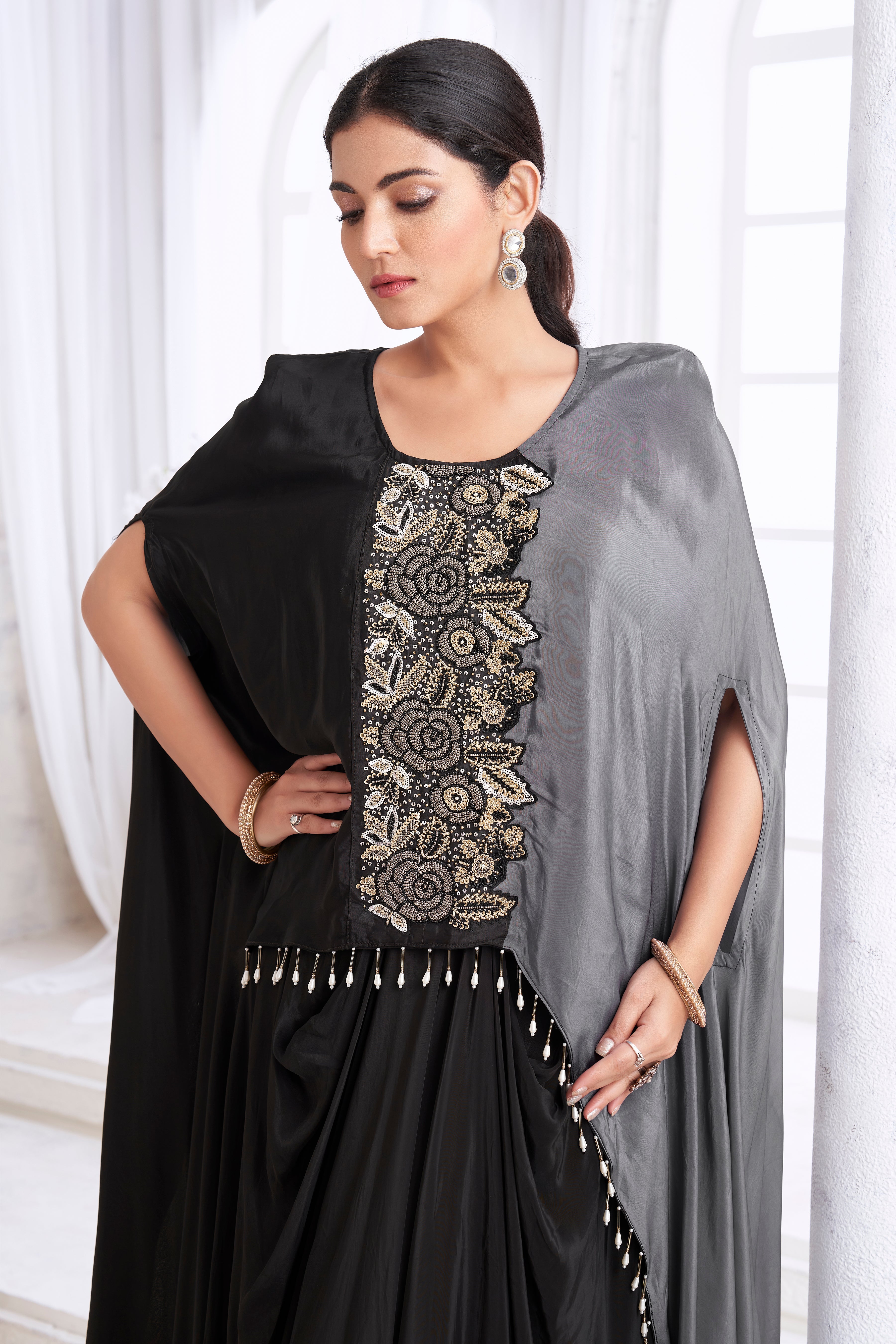 Onyx Embellished Crepe Silk Kaftan Set