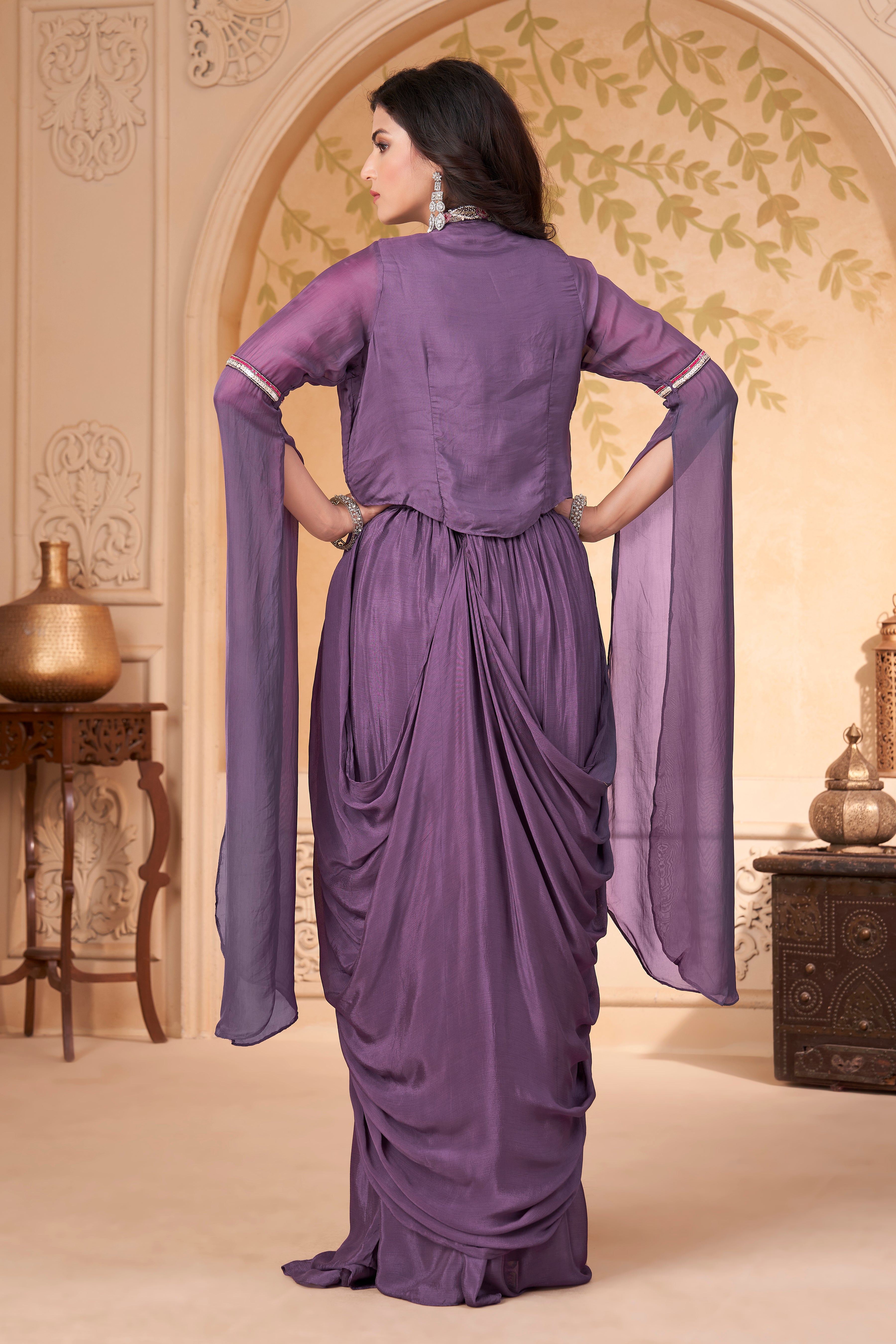 Lavender Embellished Crepe Silk Skirt Set
