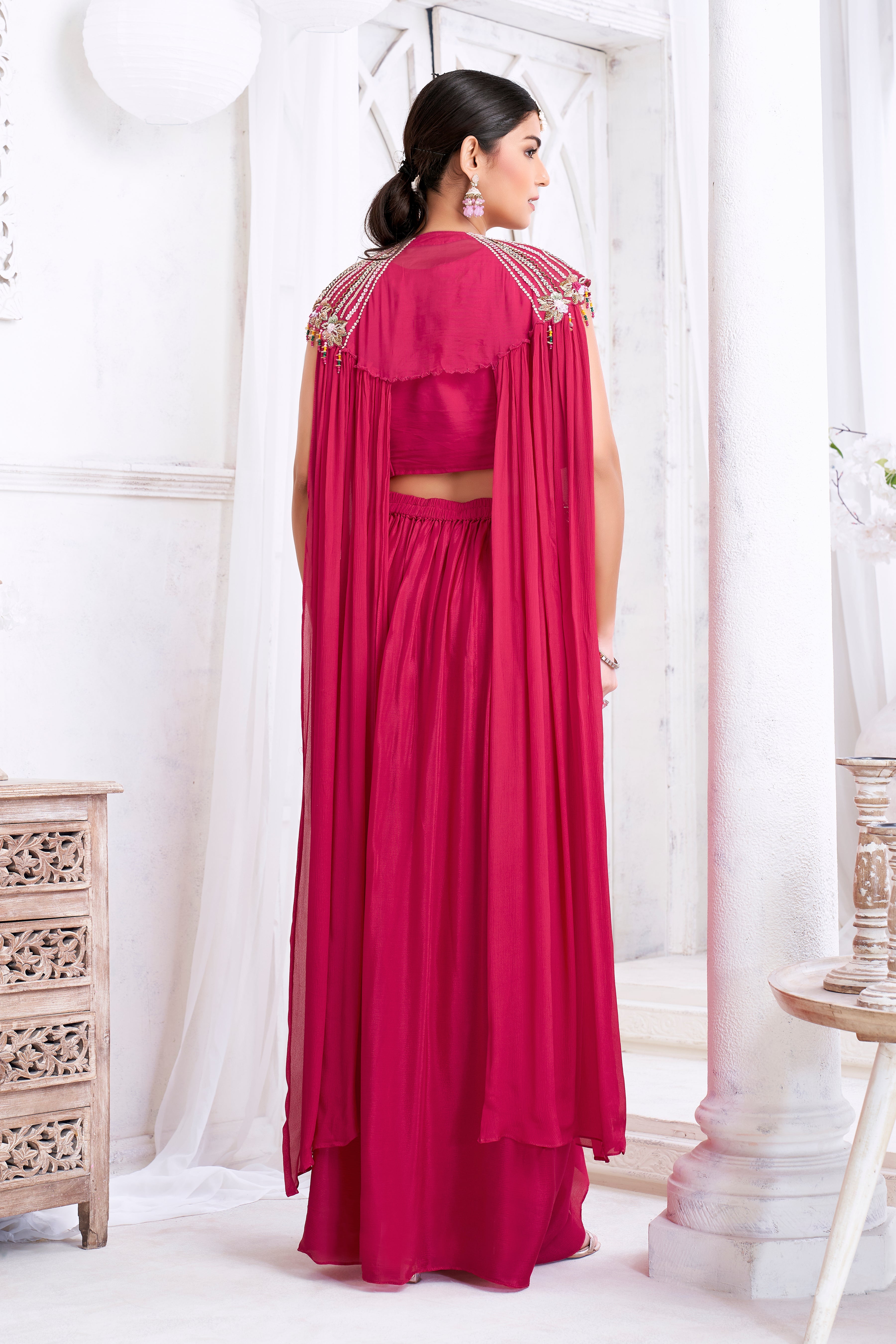 Hot Pink Embellished Chinon Silk Cape Set