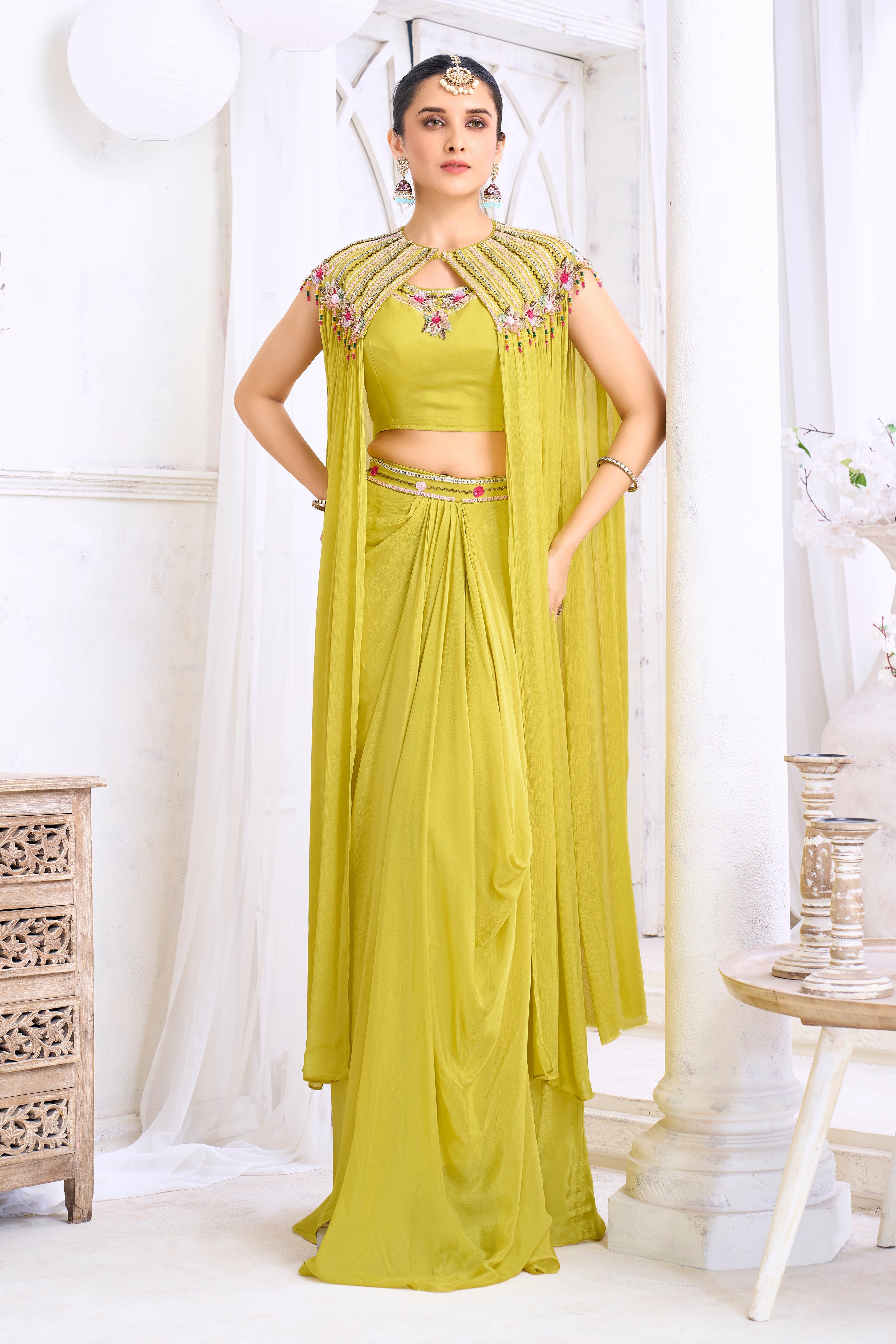 Lime Green Embellished Chinon Silk Cape Set