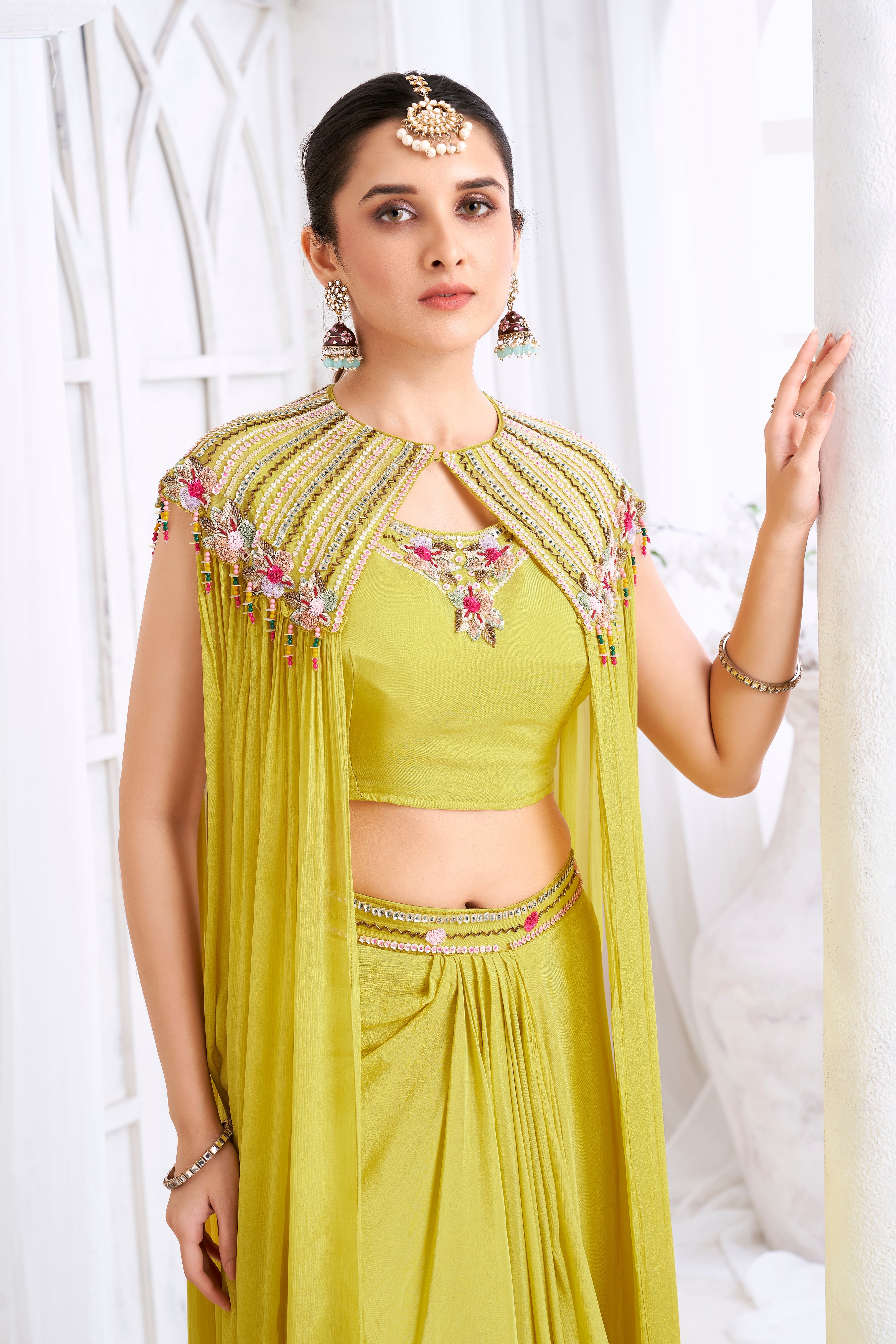 Lime Green Embellished Chinon Silk Cape Set