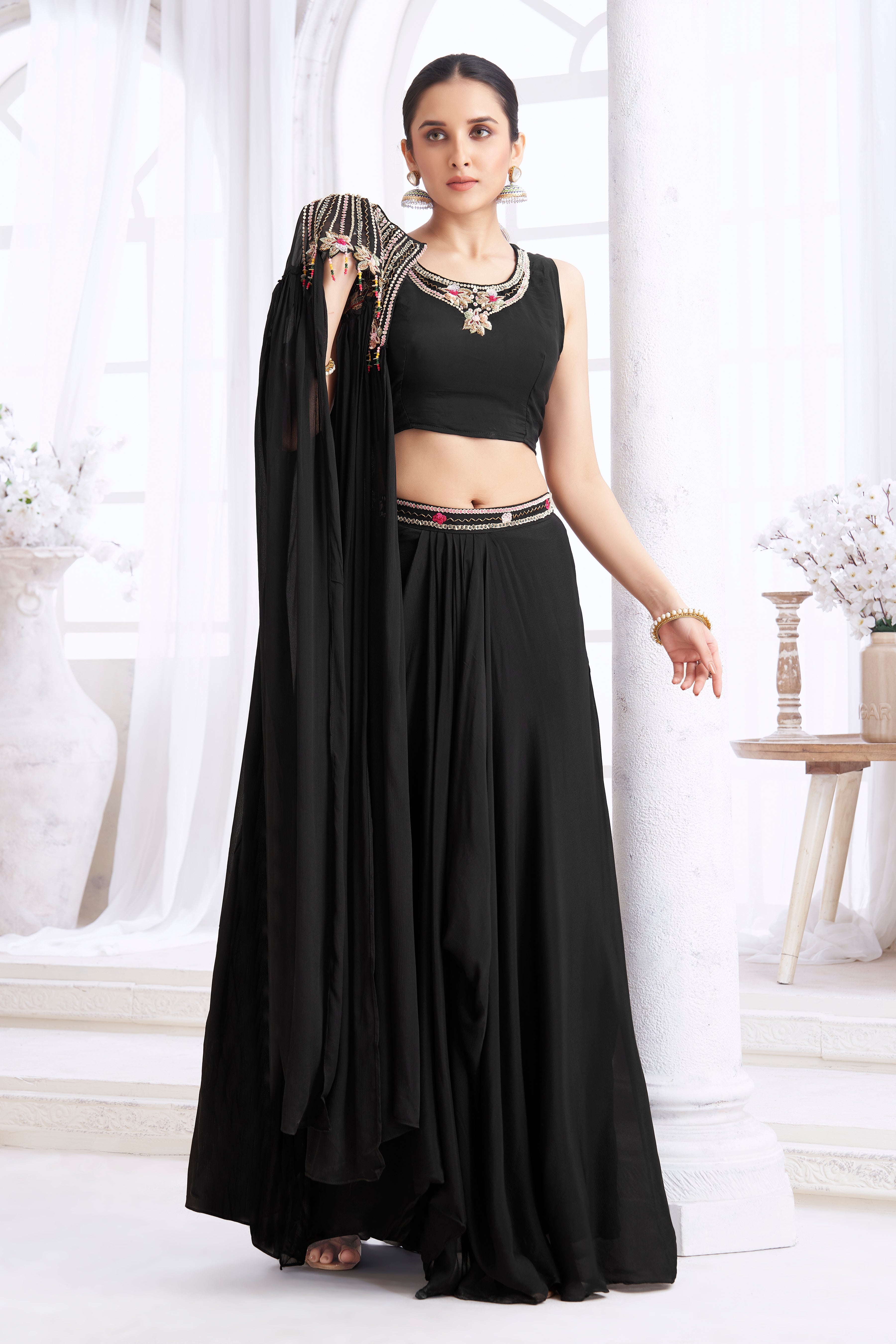 Black Embellished Chinon Silk Cape Set