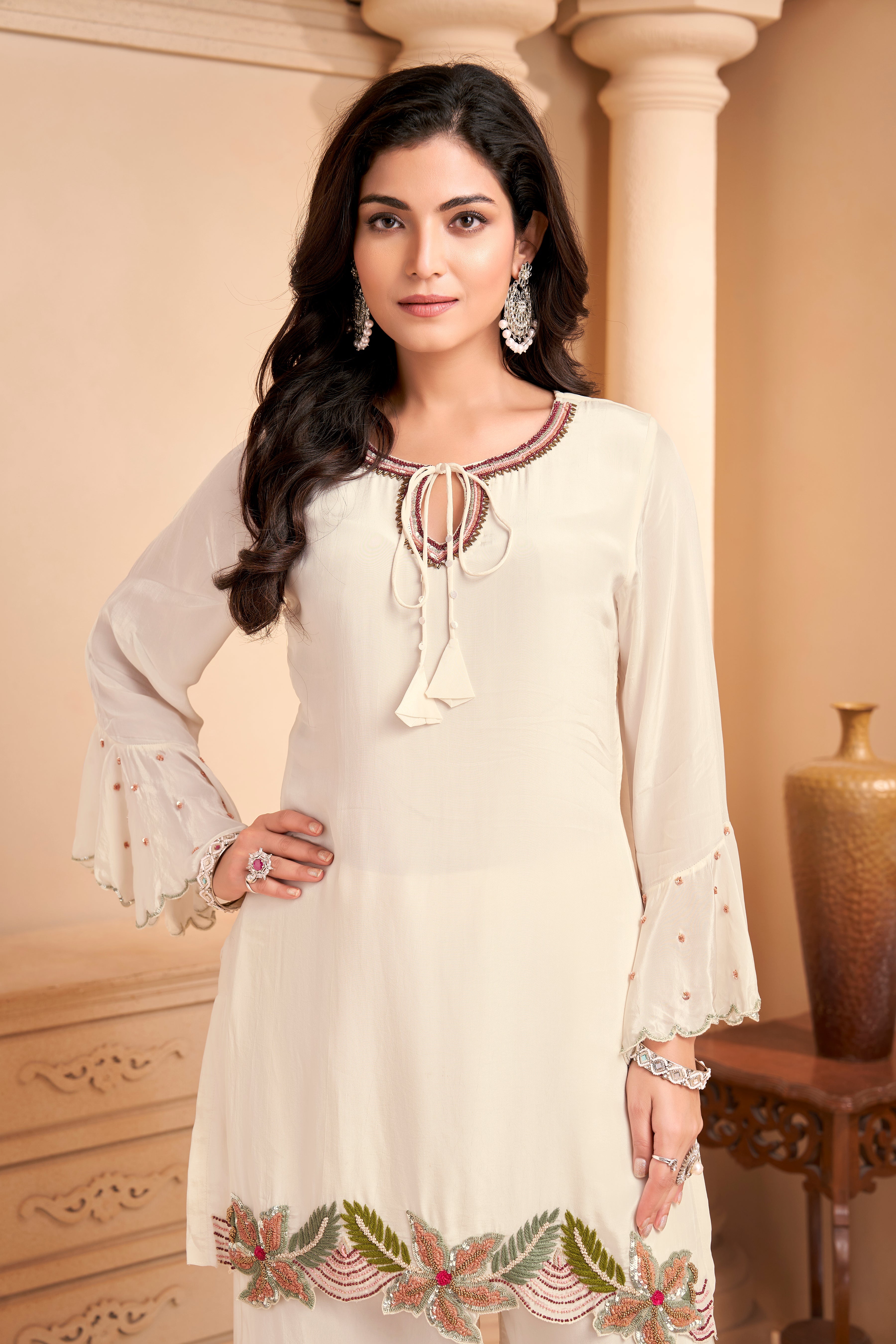 Ivory Embellished Crepe Silk Palazzo Set