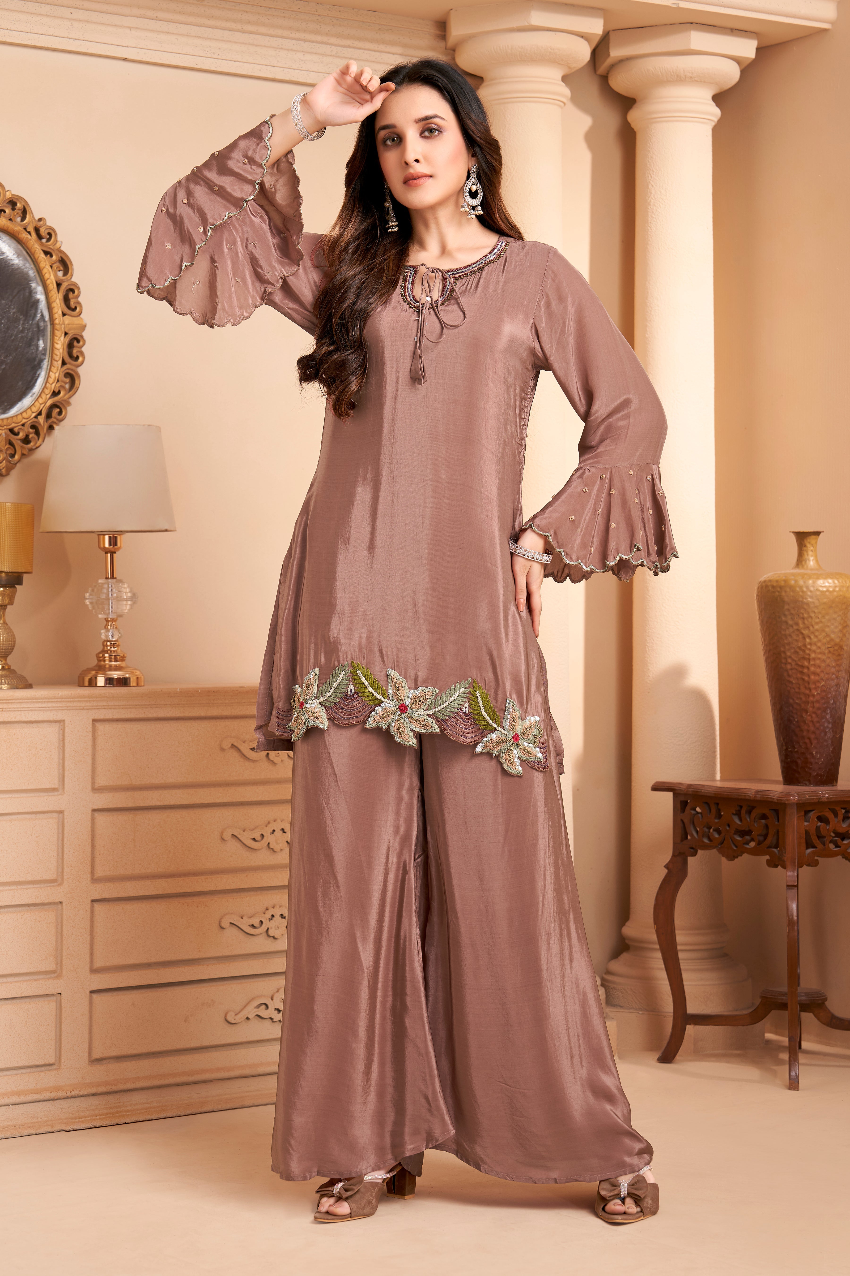 Dusty Mauve Embellished Crepe Silk Palazzo Set