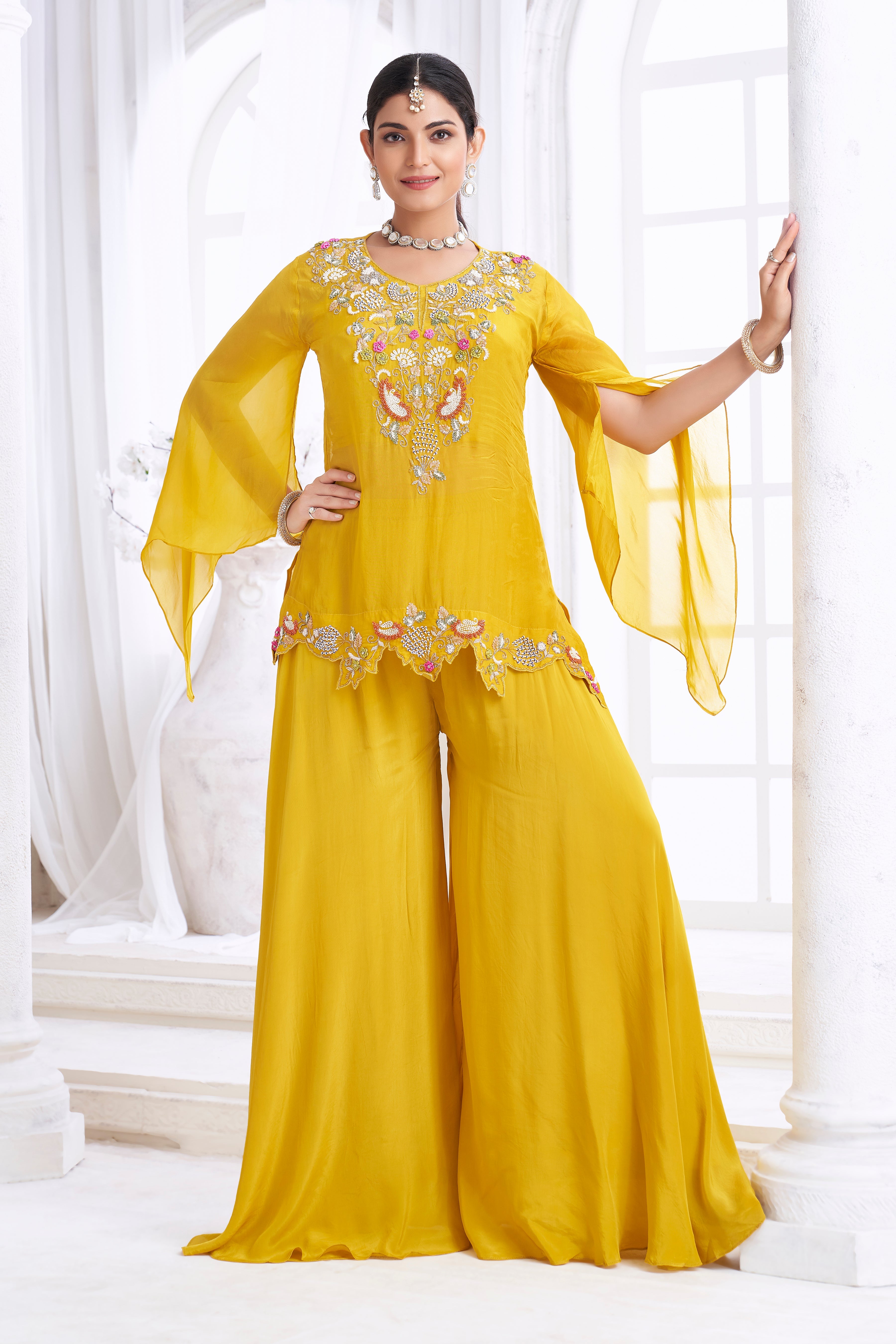 Bright Yellow Embellished Organza Silk Palazzo Set