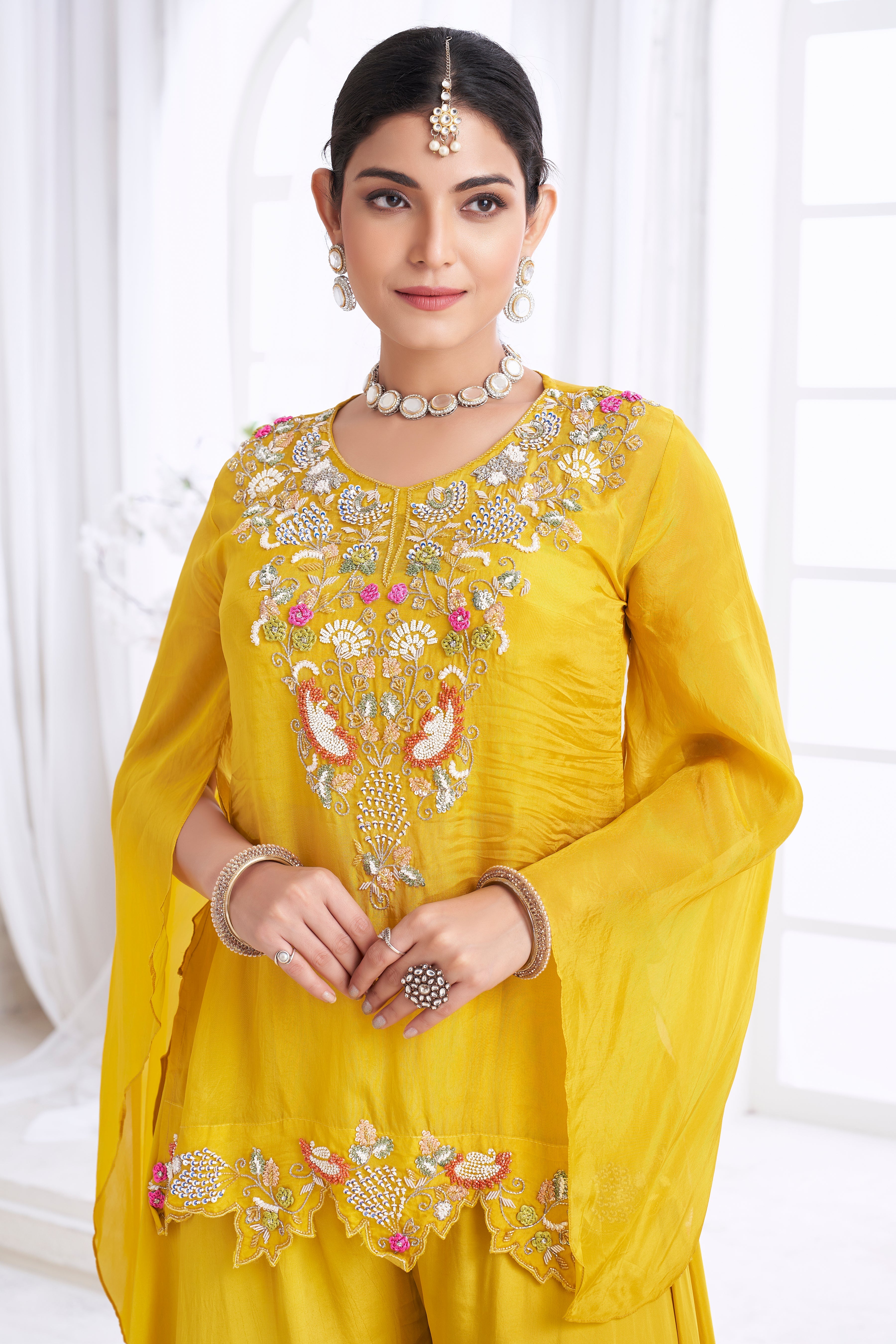Bright Yellow Embellished Organza Silk Palazzo Set