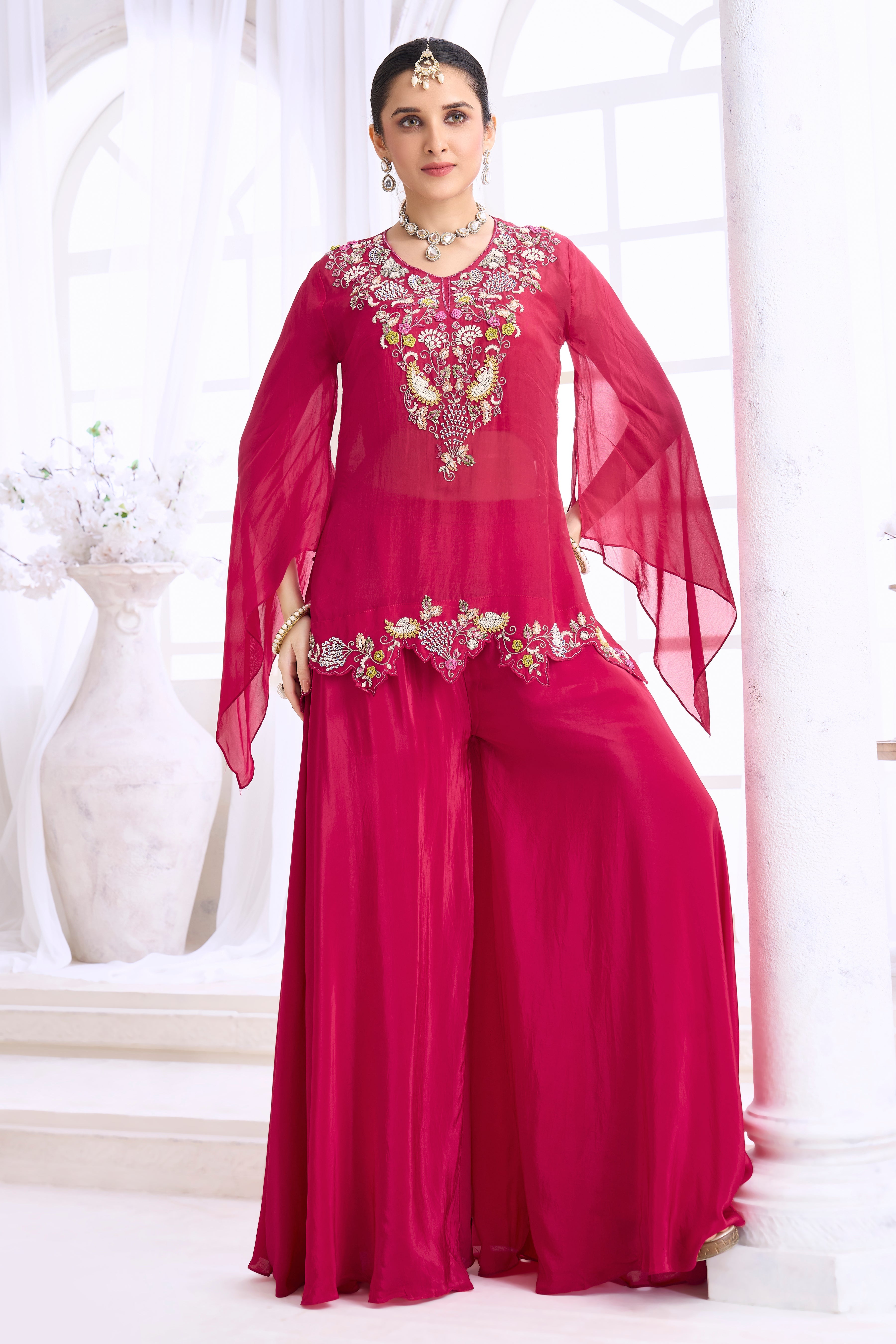 Berry Pink Embellished Organza Silk Palazzo Set