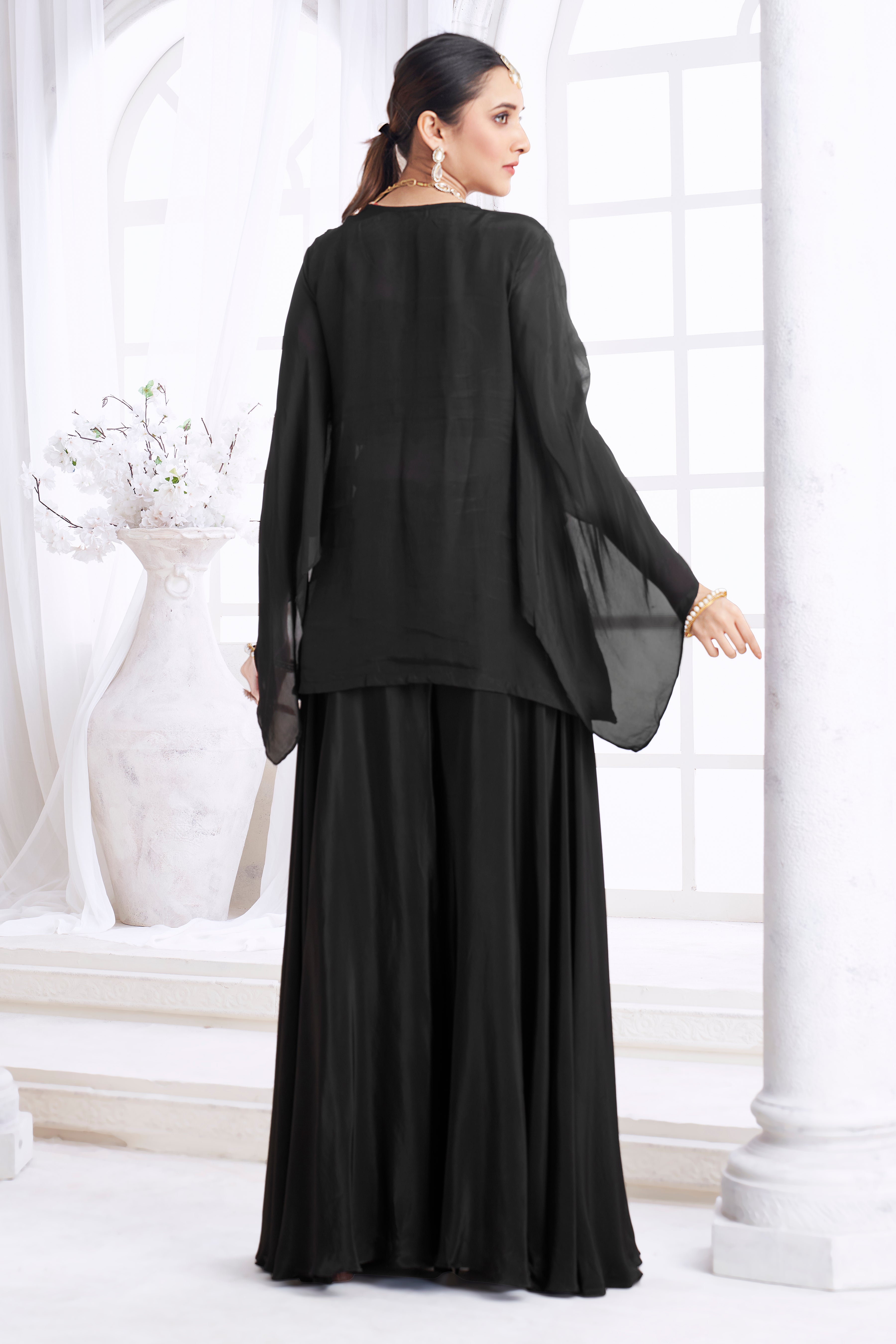 Black Embellished Organza Silk Palazzo Set