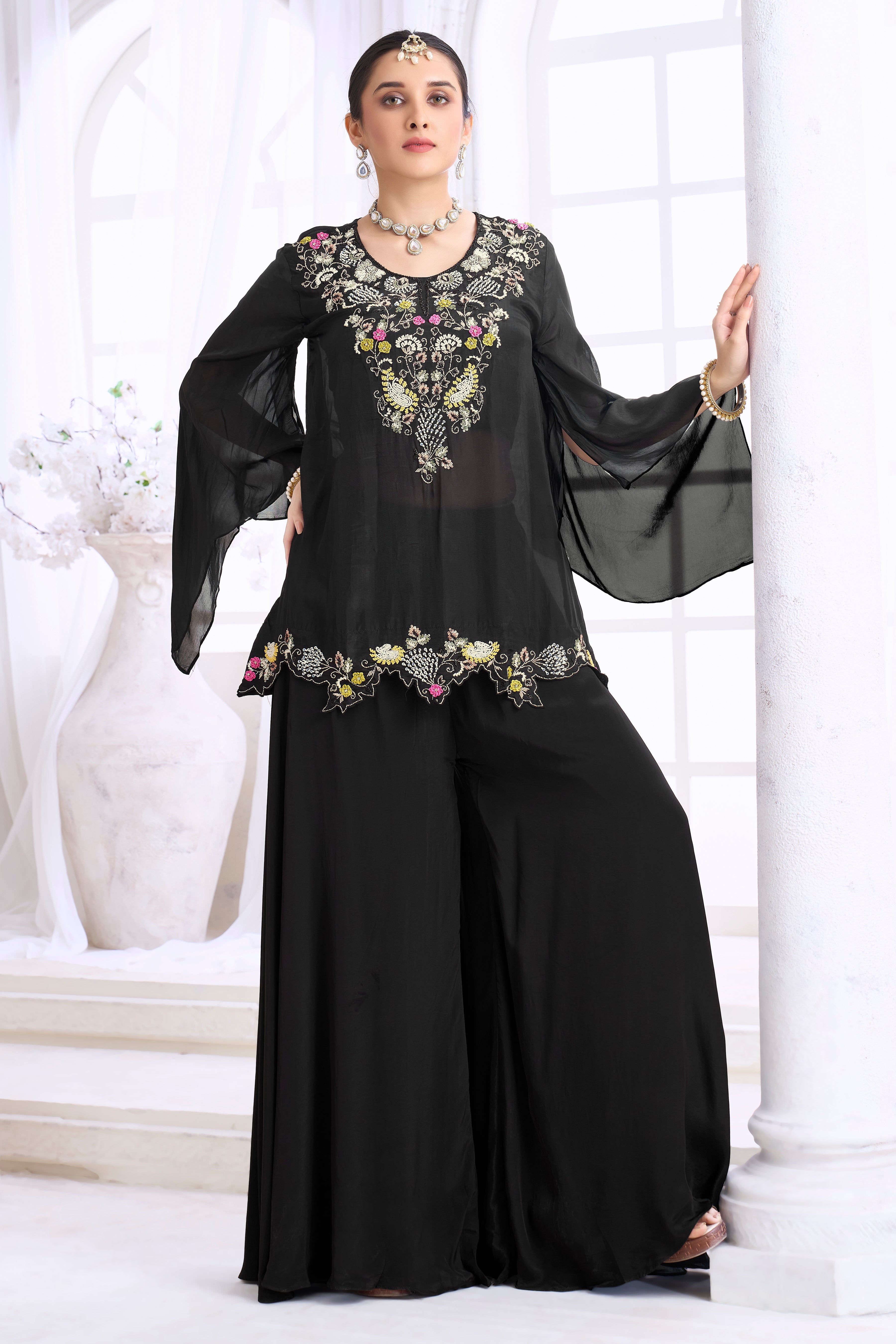 Black Embellished Organza Silk Palazzo Set