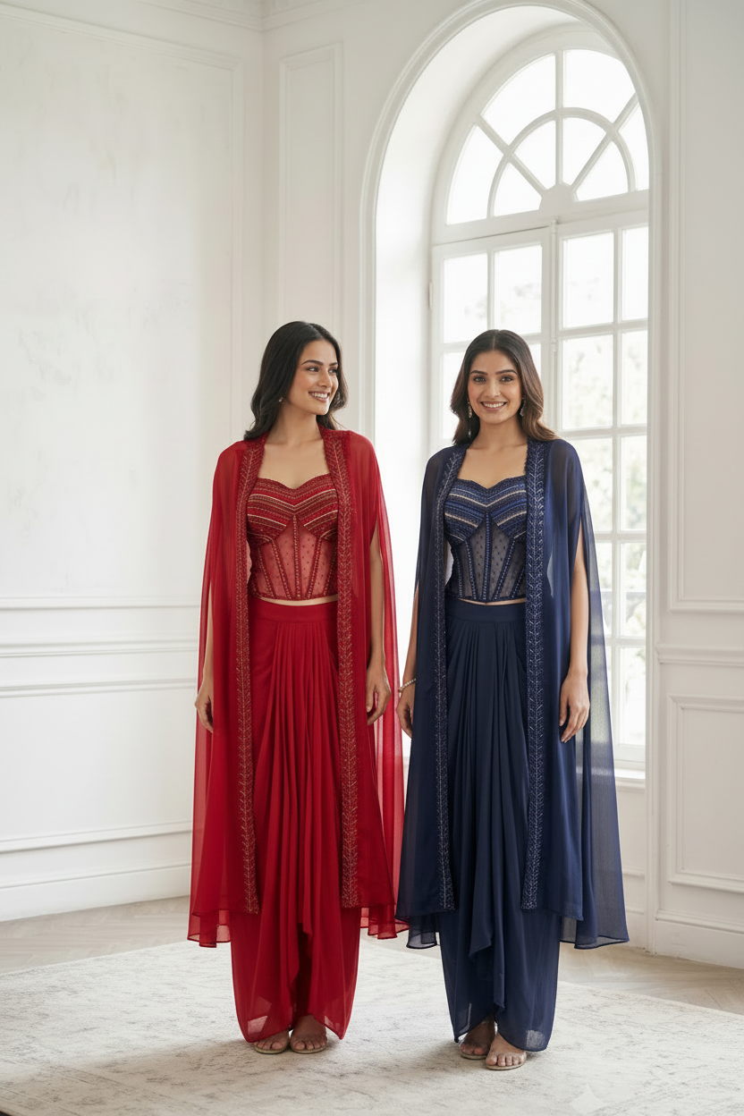 Royal Navy Embellished Premium Georgette Cape Set