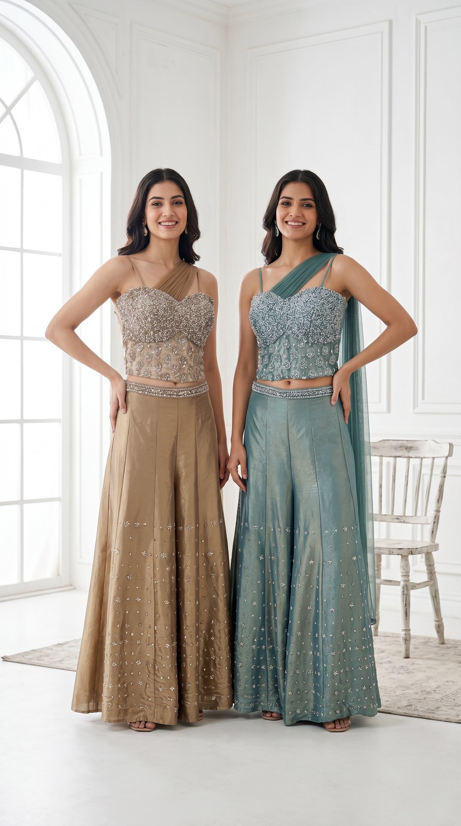 Champagne beige Embellished Tissue Silk Palazzo Set