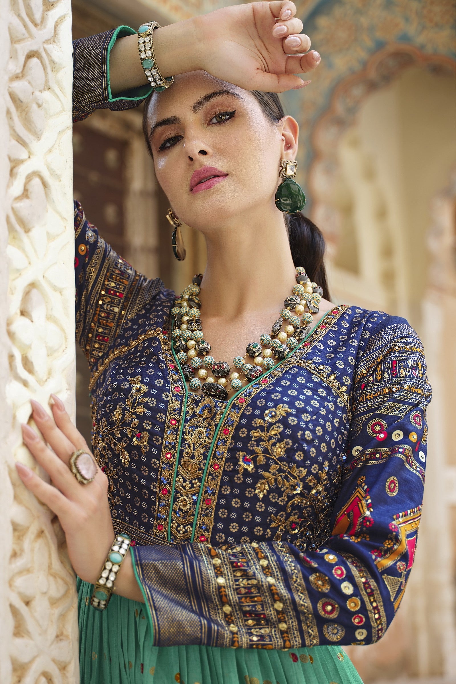 Blue Embellished Premium Silk Anarkali Set