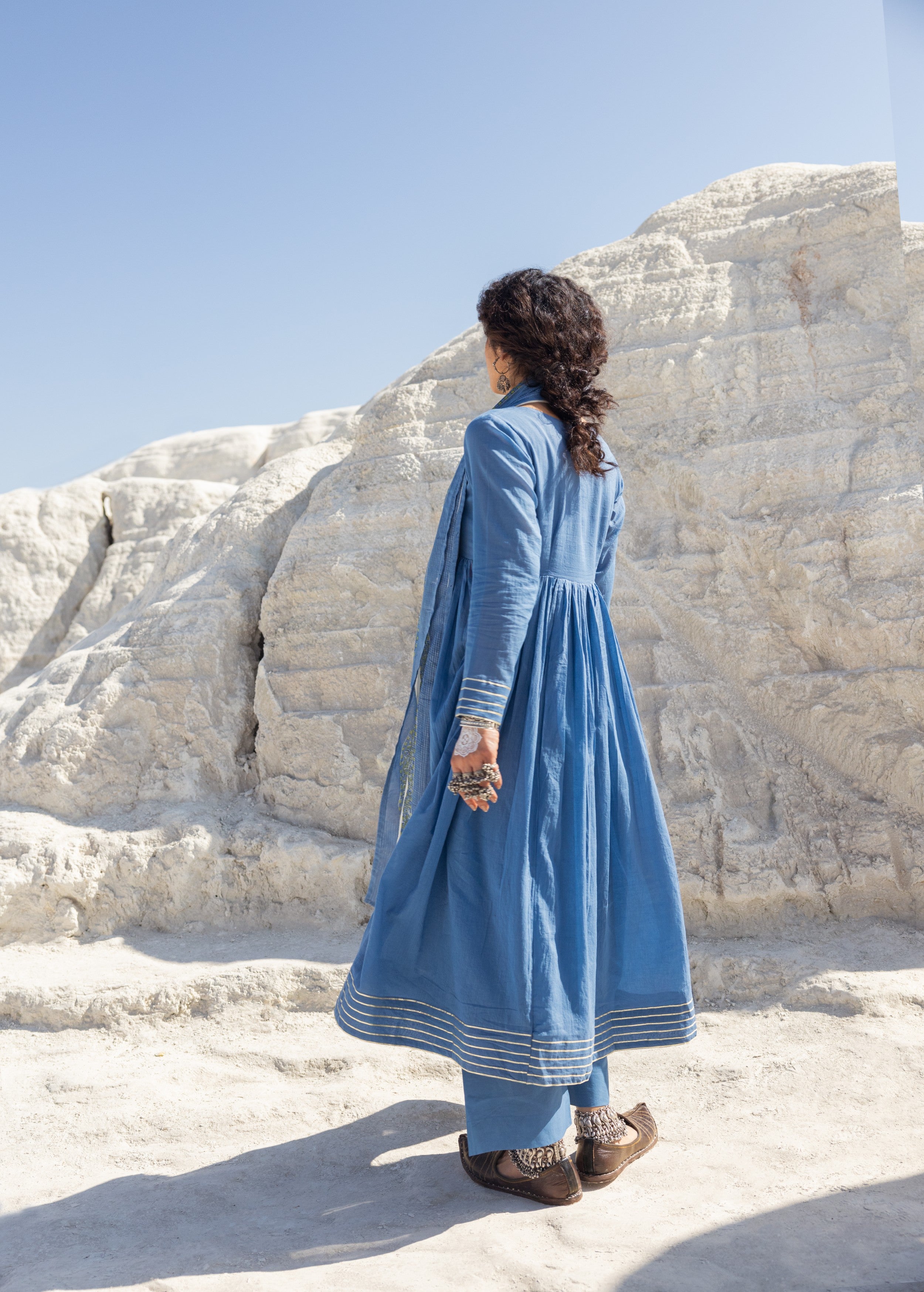 Dusty Blue Embellished Mul Cotton Anarkali Set