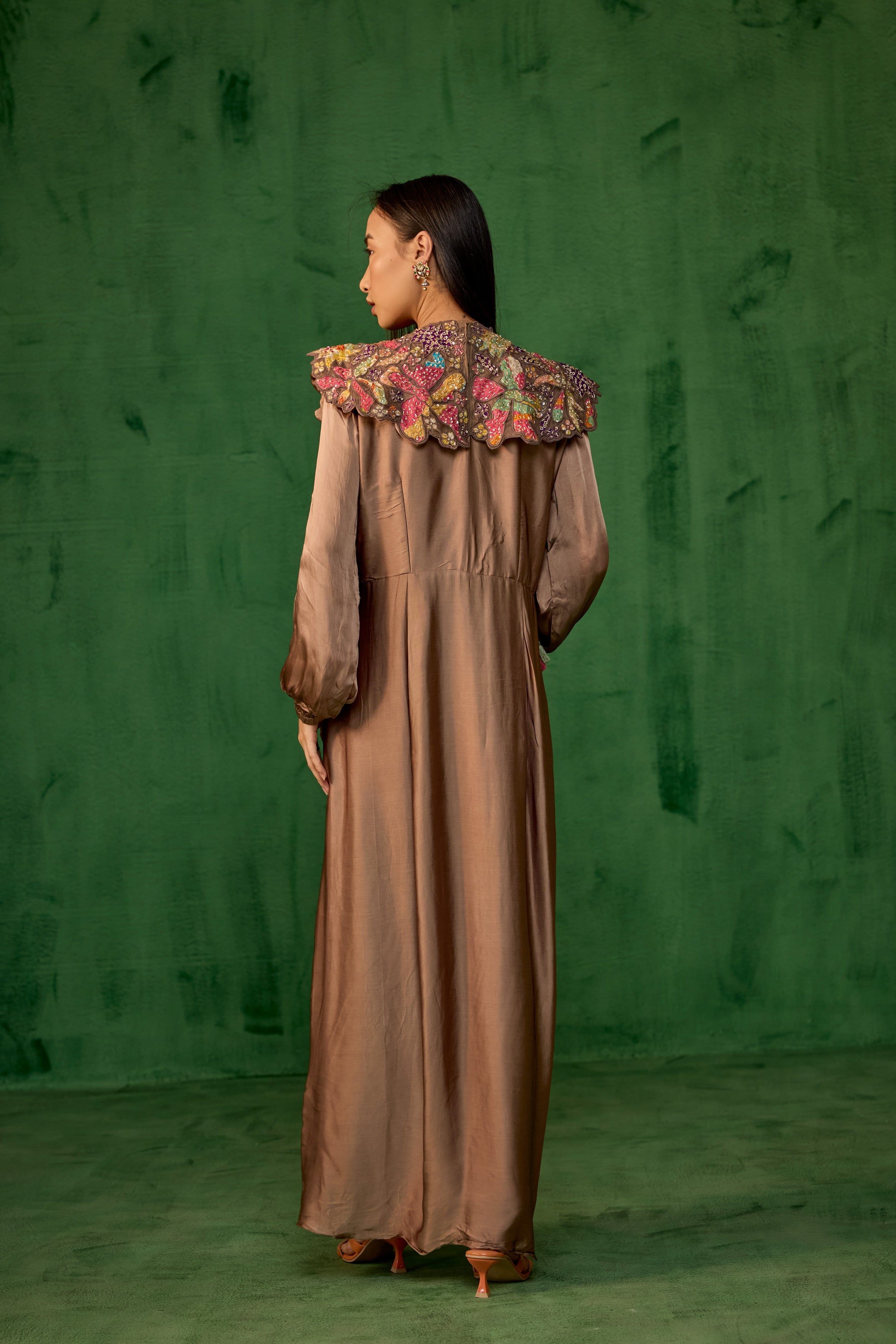 Copper Brown Embellished Satin Silk Gown