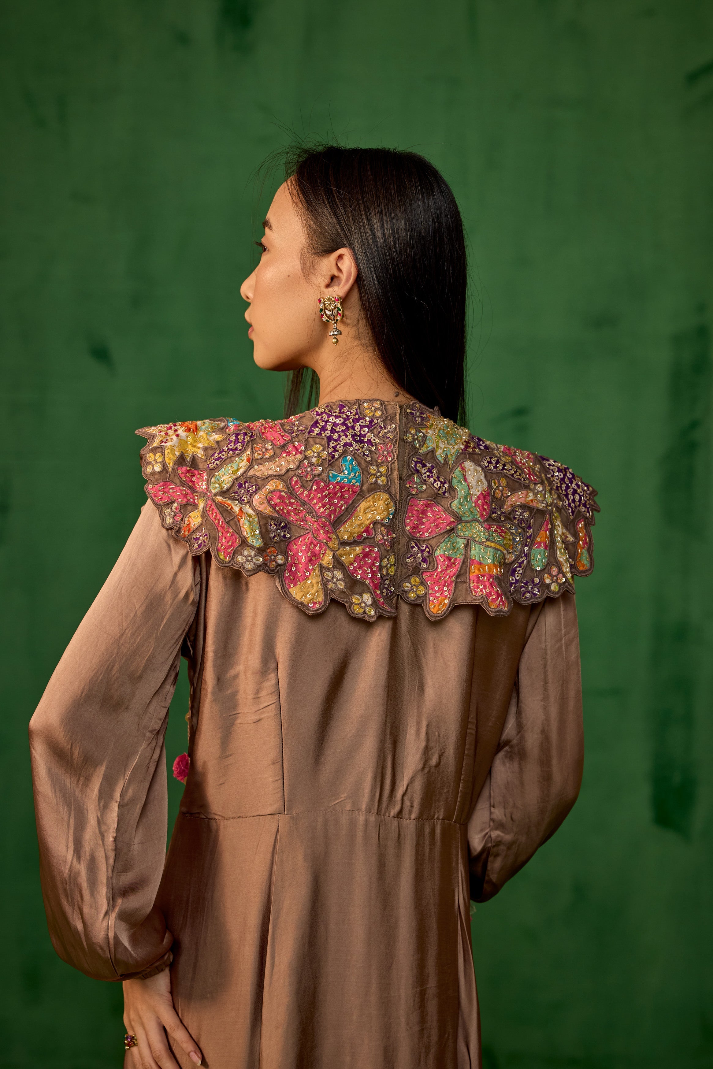 Copper Brown Embellished Satin Silk Gown