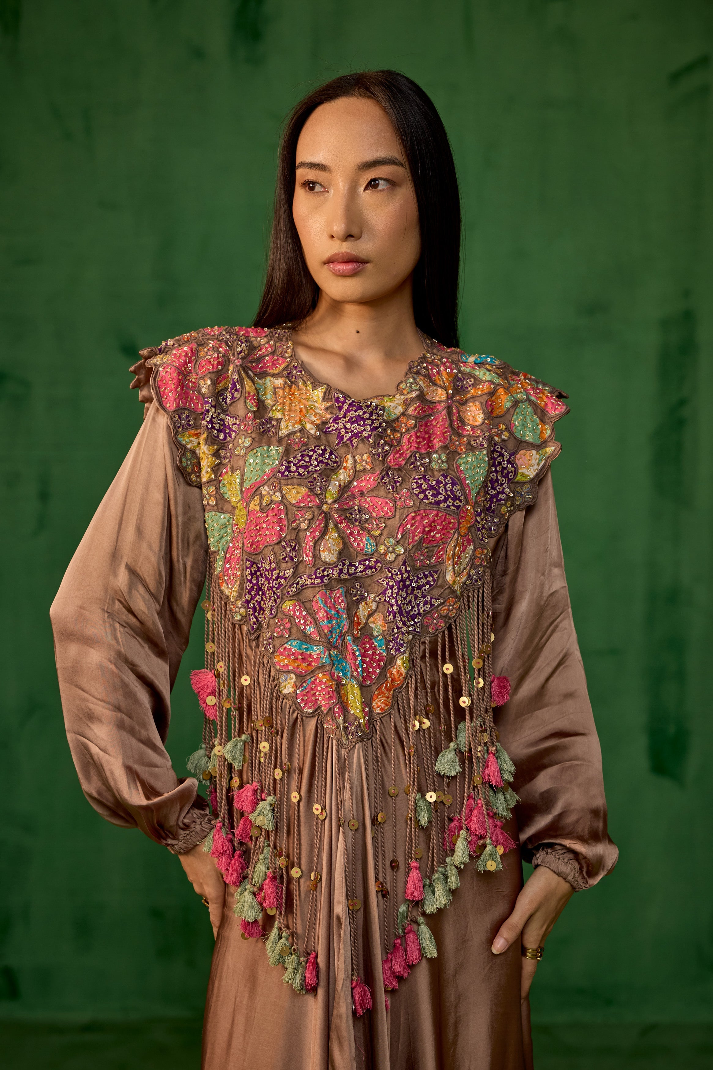 Copper Brown Embellished Satin Silk Gown