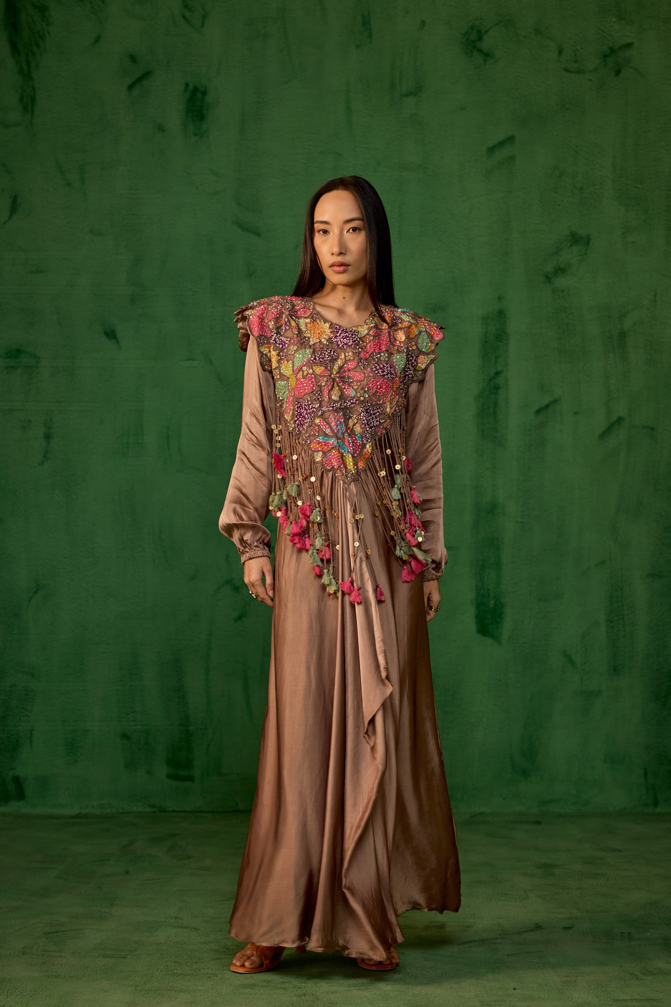 Copper Brown Embellished Satin Silk Gown