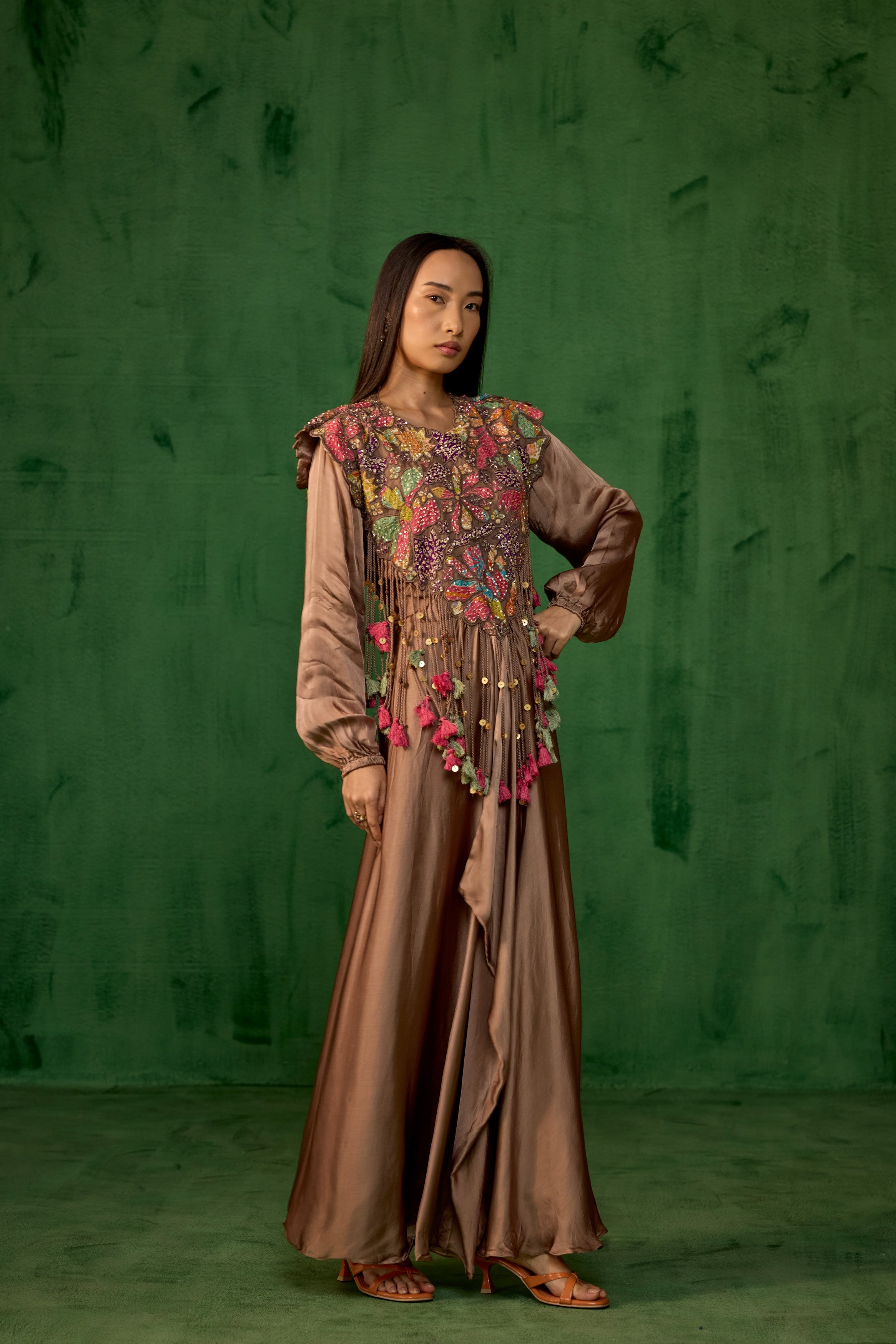 Copper Brown Embellished Satin Silk Gown