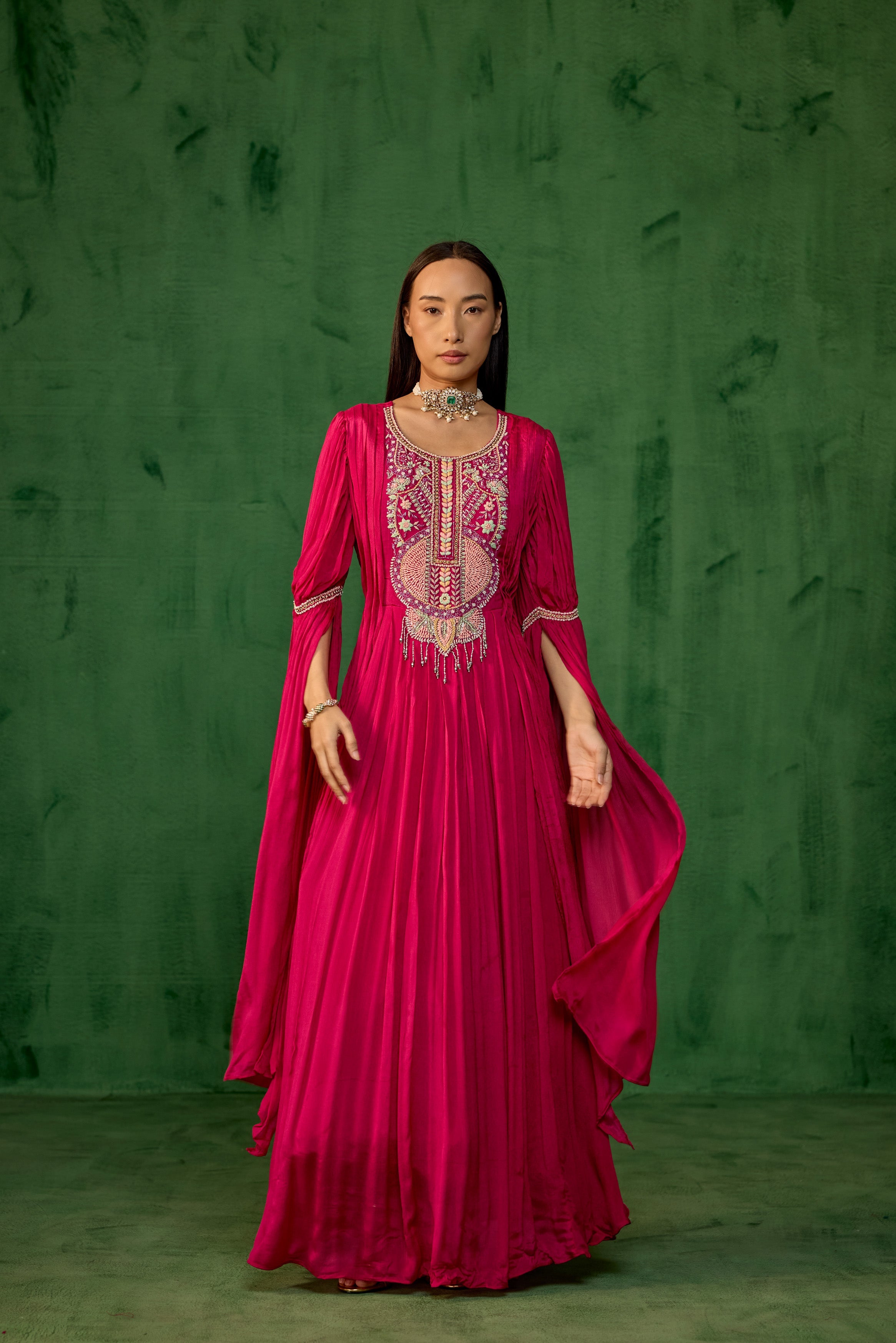 Deep Pink Embellished Chinon Silk Pleated Gown