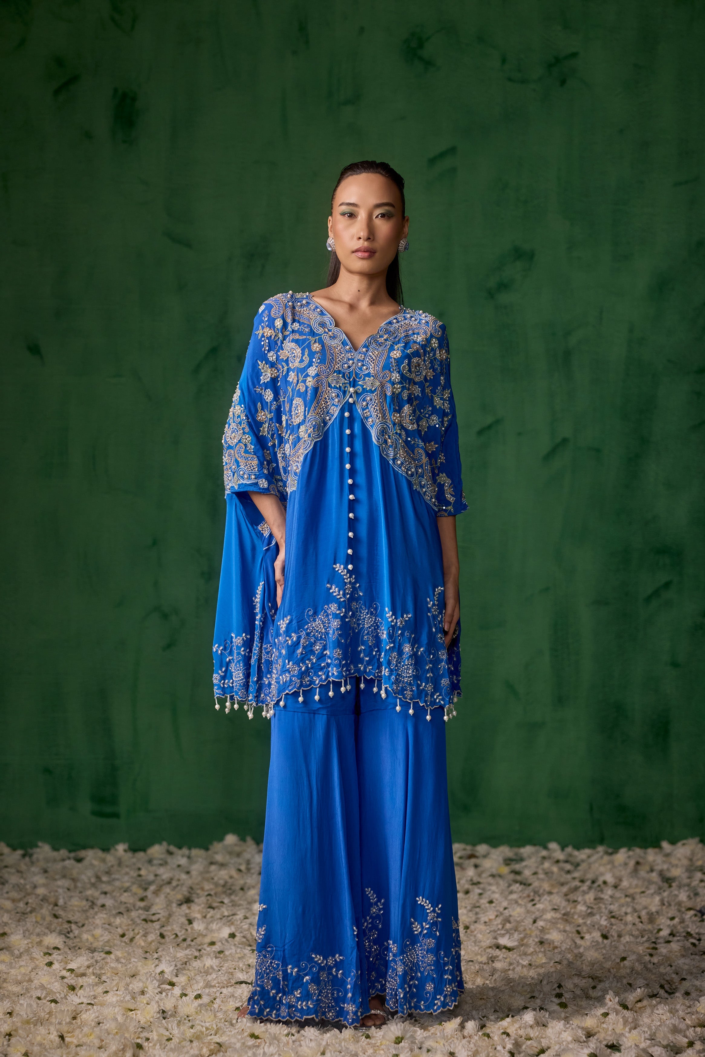 Electric Blue Embellished Chinon Silk Kaftan Set