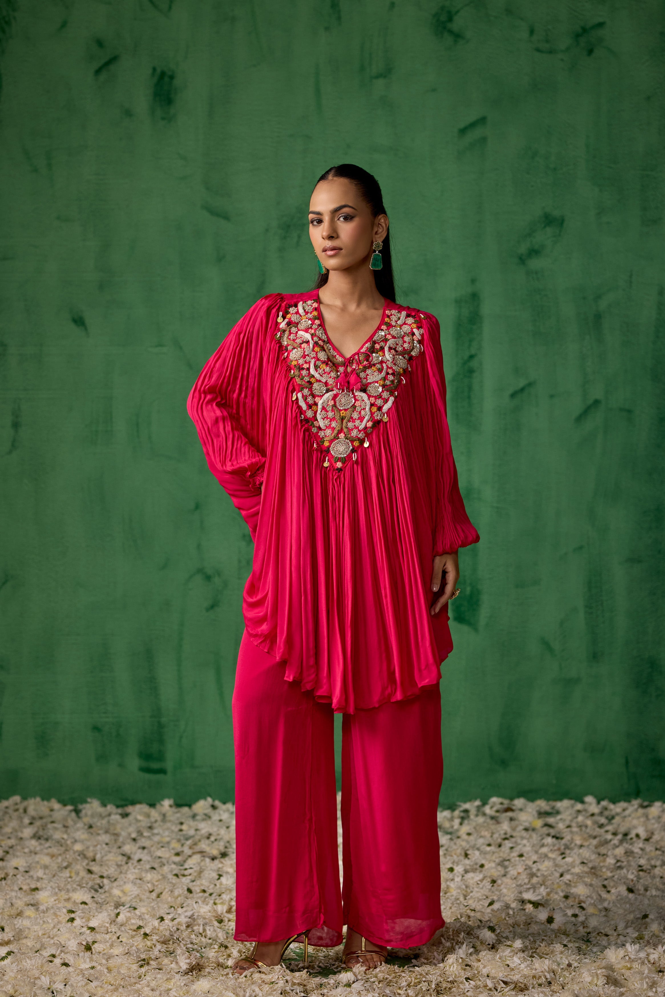 Raspberry Pink Embellished Chinon Silk Kaftan Co-Ord