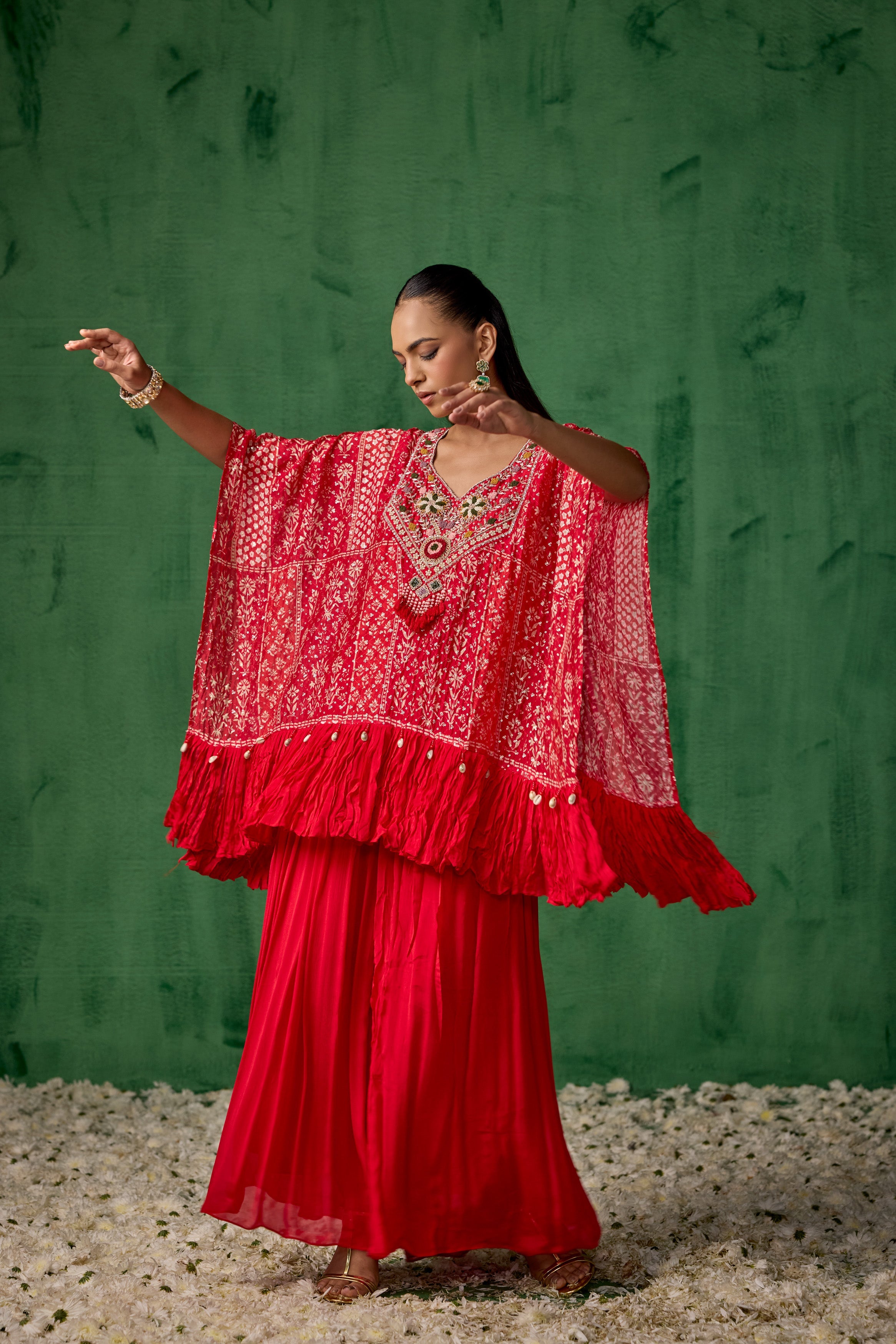 Bright Red Embellished Chinon Silk Kaftan Set