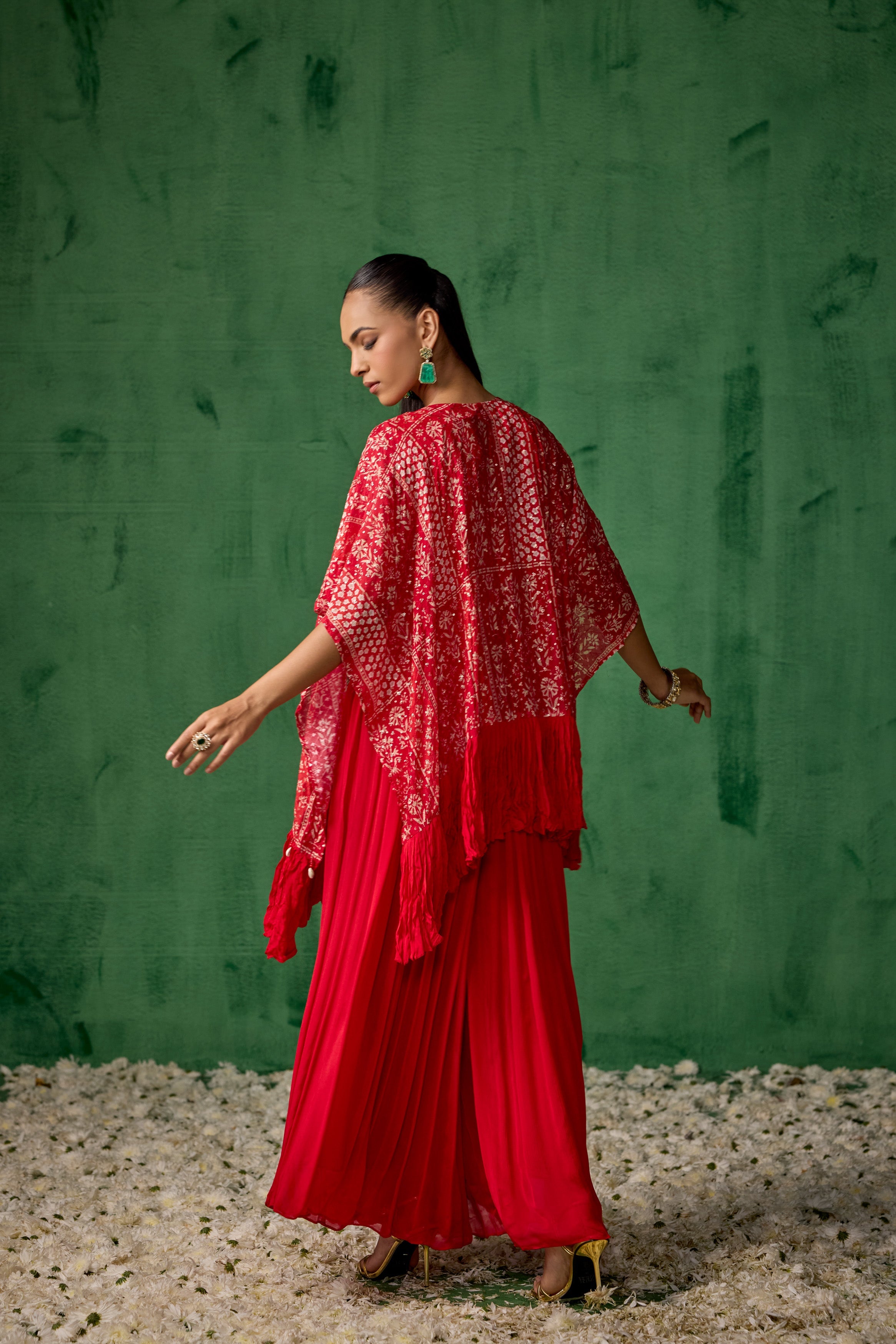Bright Red Embellished Chinon Silk Kaftan Set