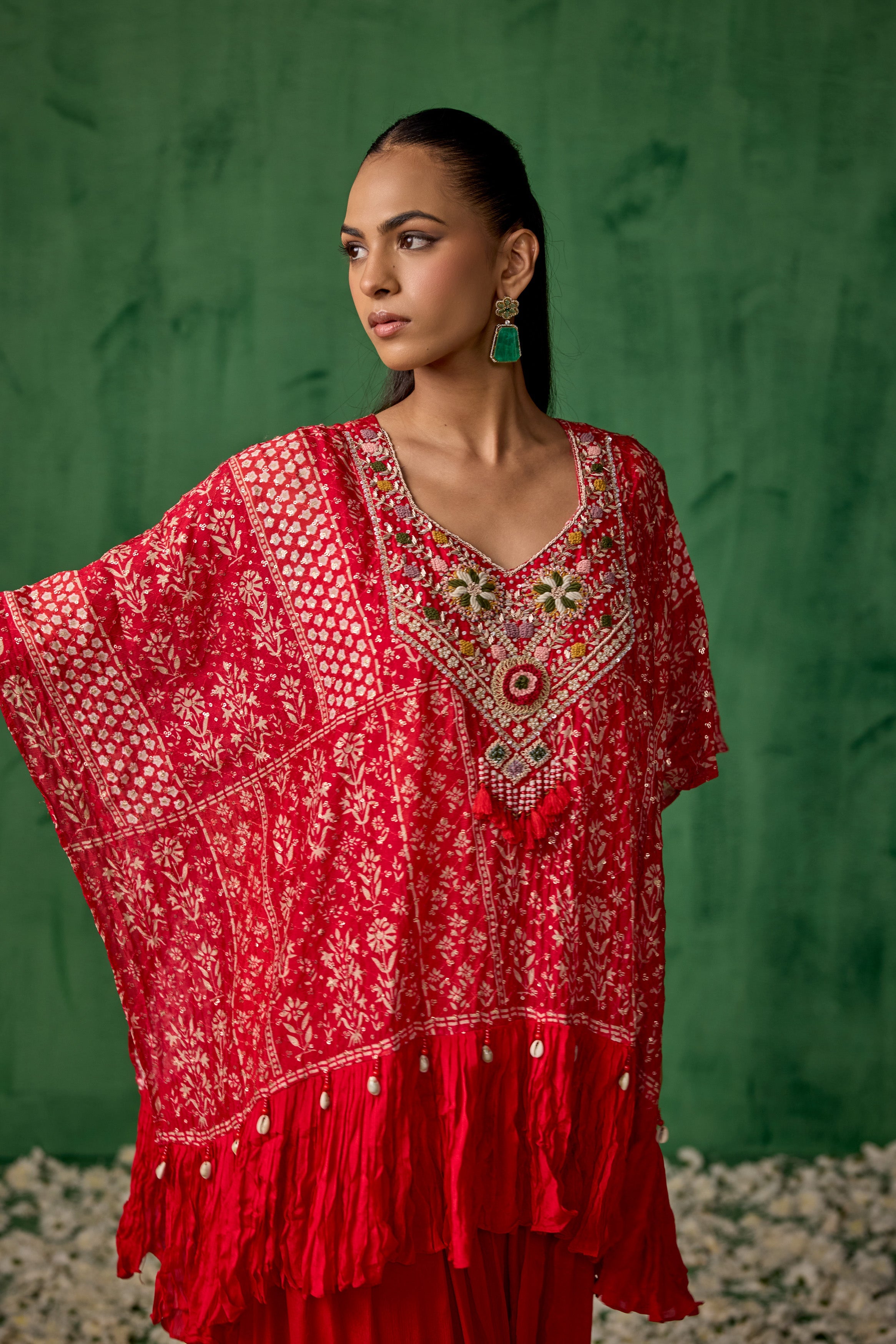 Bright Red Embellished Chinon Silk Kaftan Set