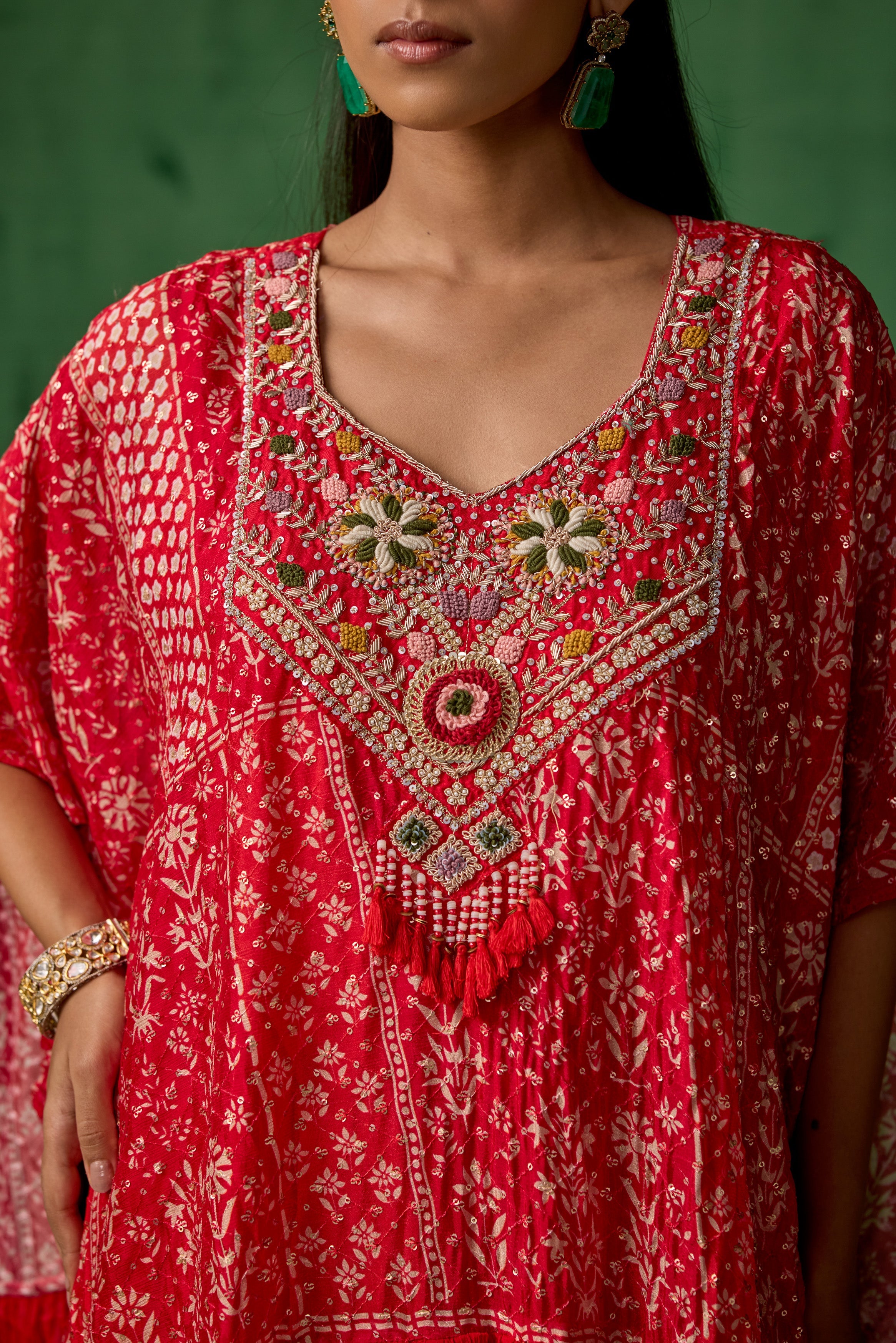 Bright Red Embellished Chinon Silk Kaftan Set