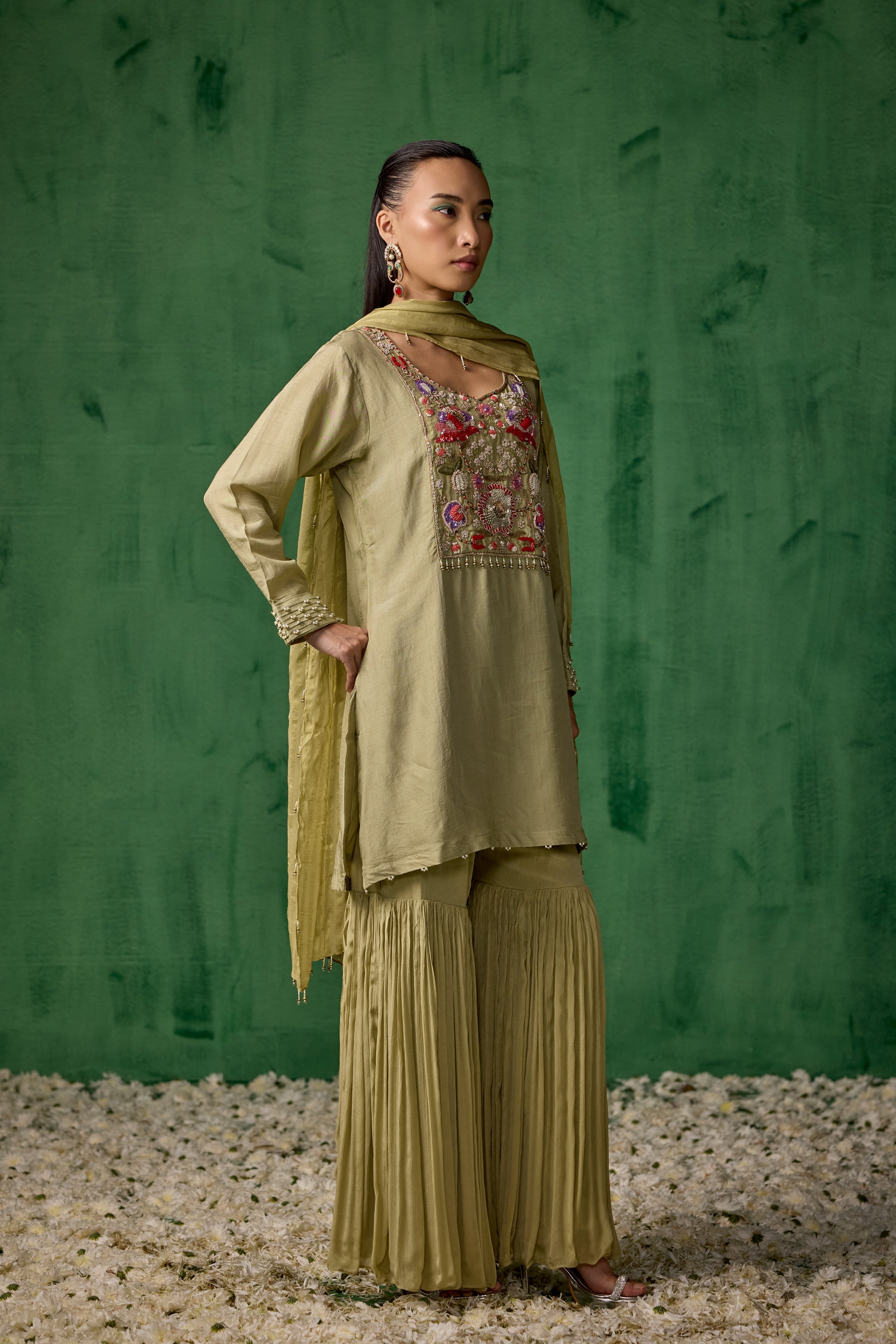 Pista Green Embellished Muslin Silk Sharara Set