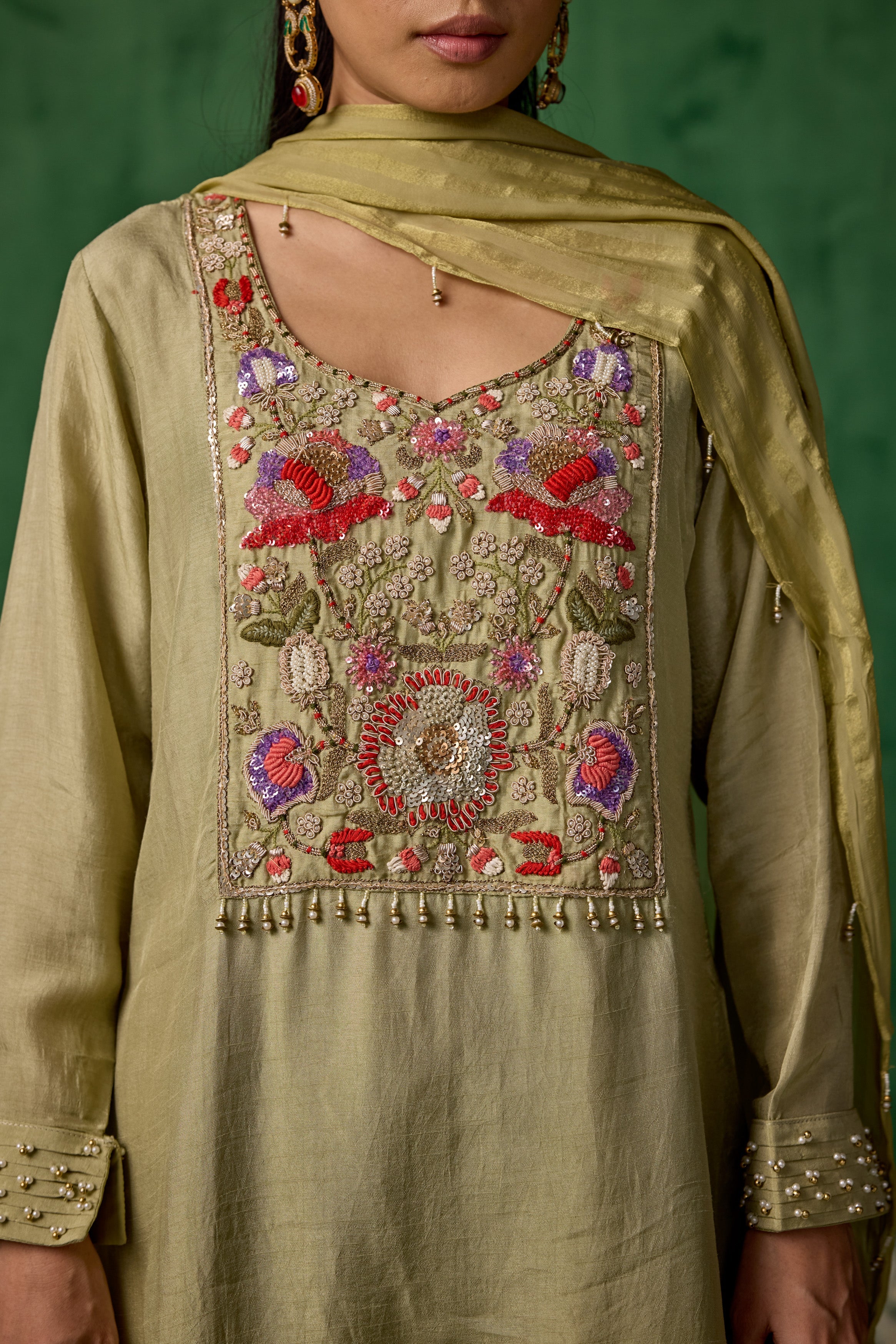 Pista Green Embellished Muslin Silk Sharara Set
