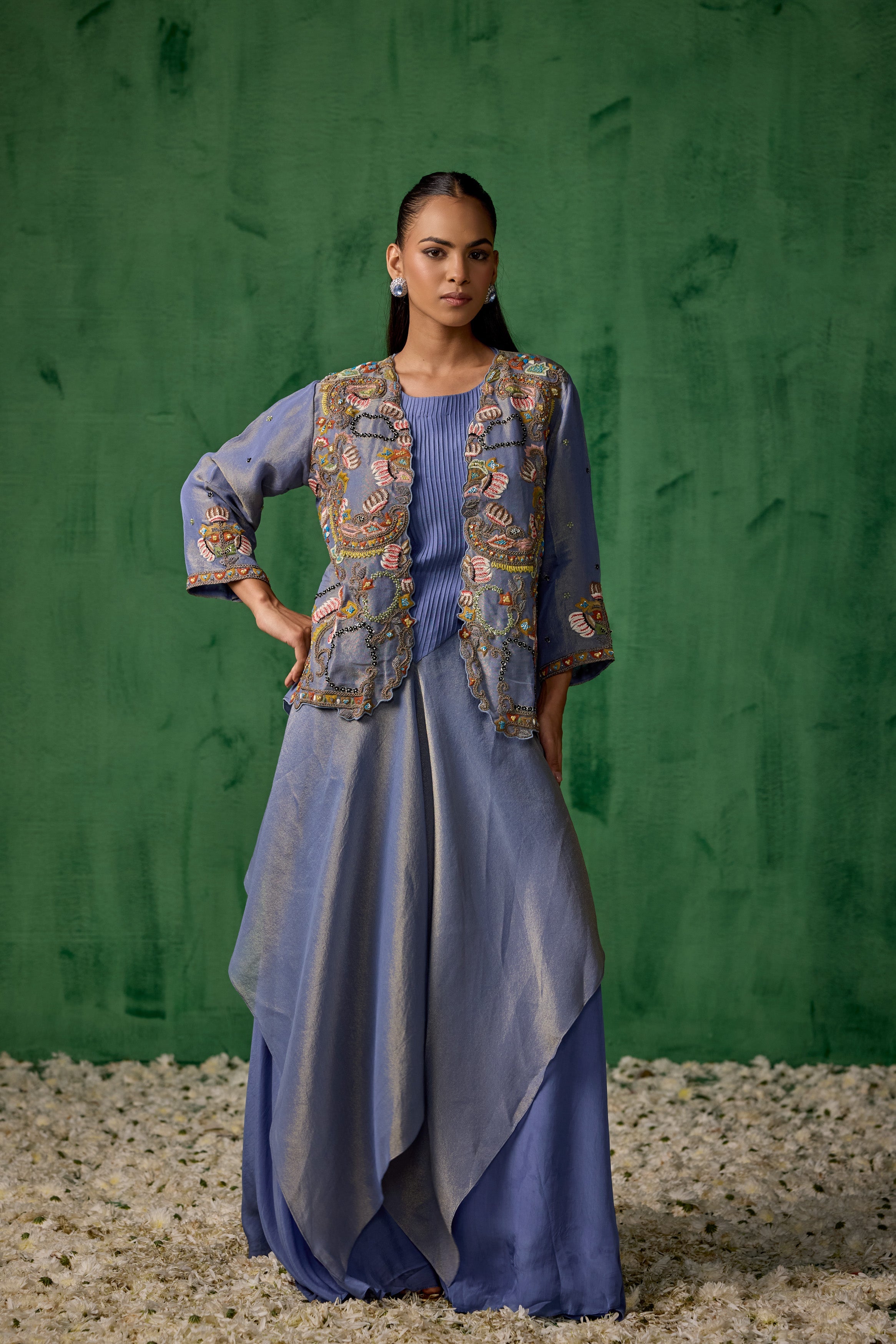 Powder Blue Embellished Satin Silk Tunic Set