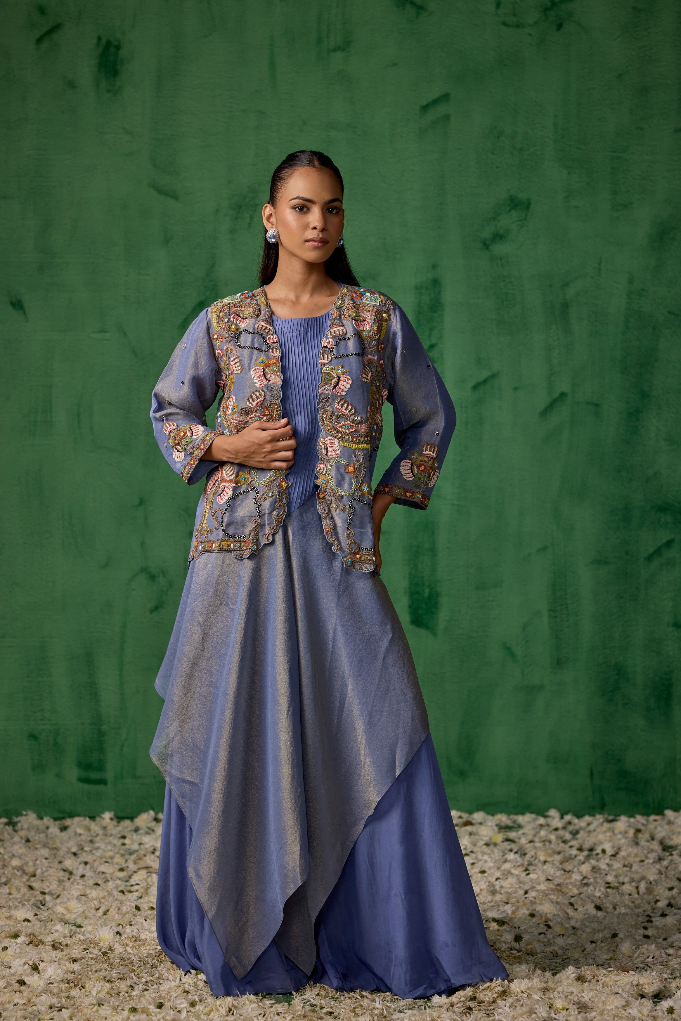 Powder Blue Embellished Satin Silk Tunic Set