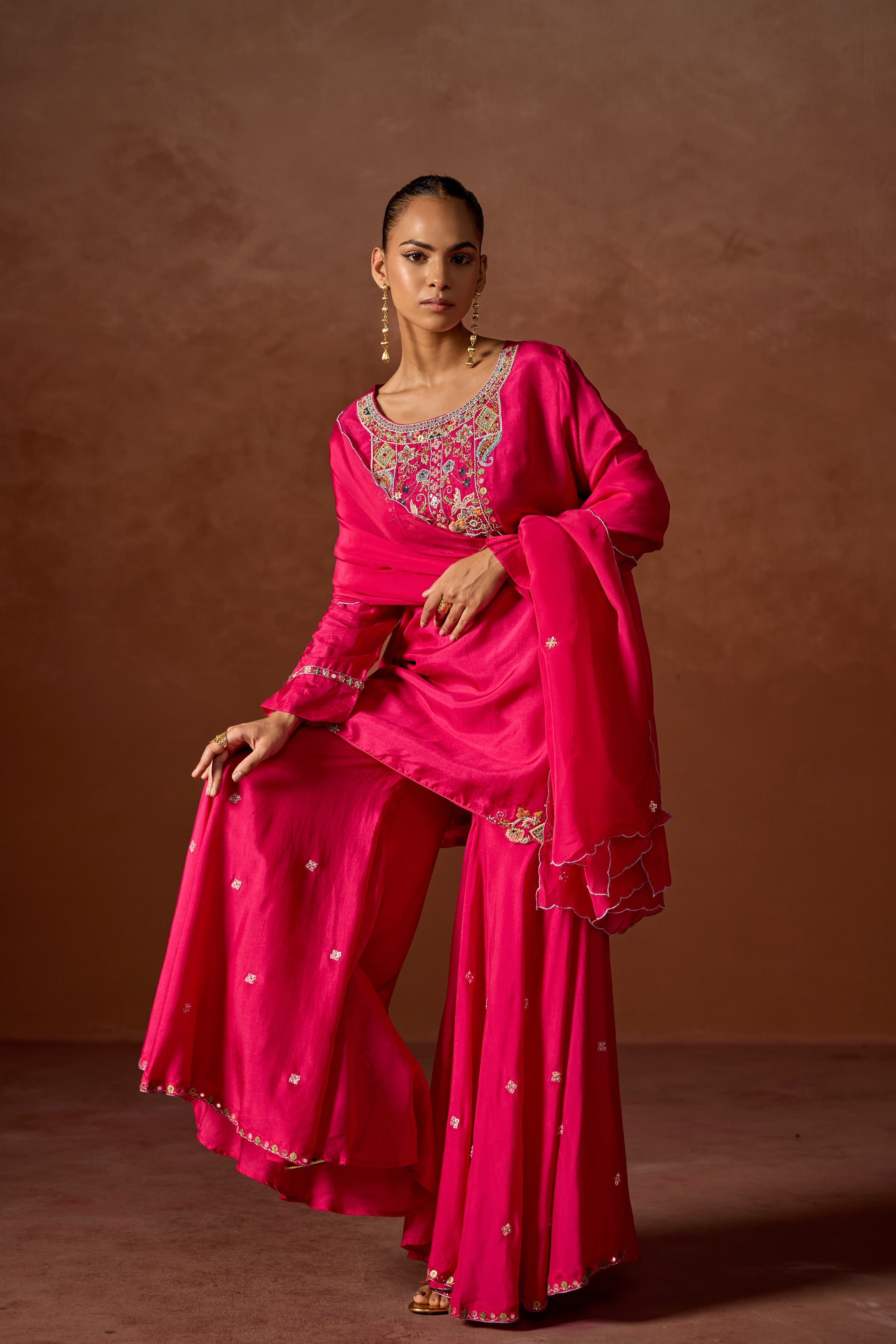 Hot Pink Embellished Chinon Silk Sharara Set