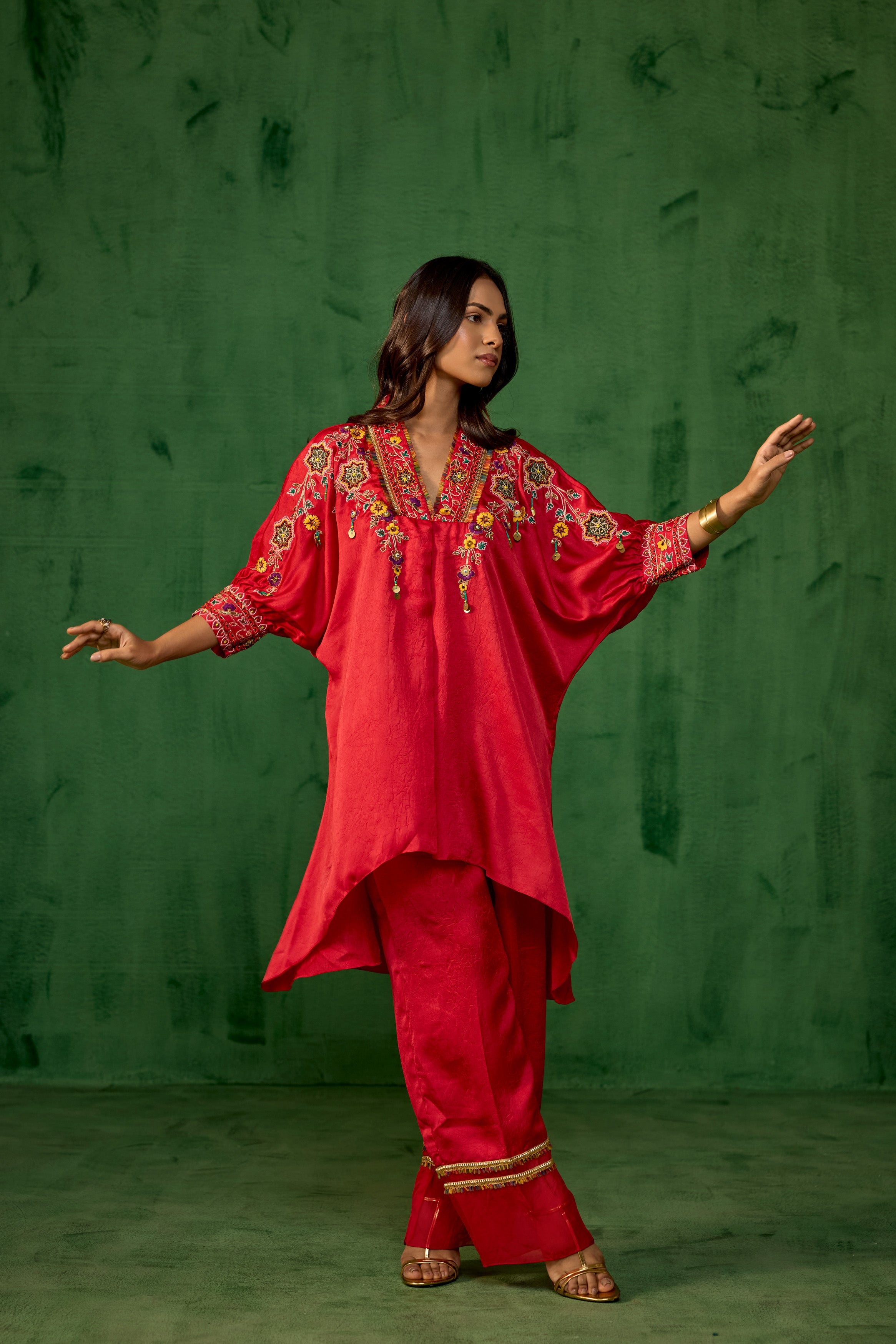 Premium Red Embroidered Crushed Silk Co-Ord Set