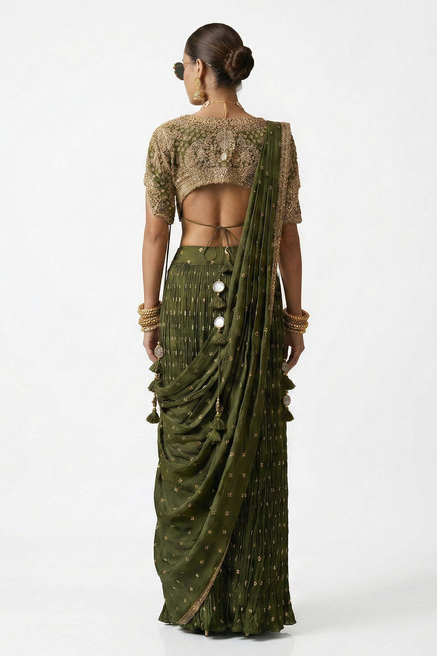 Emerald Gilded Embellished Raw Silk Draped Saree