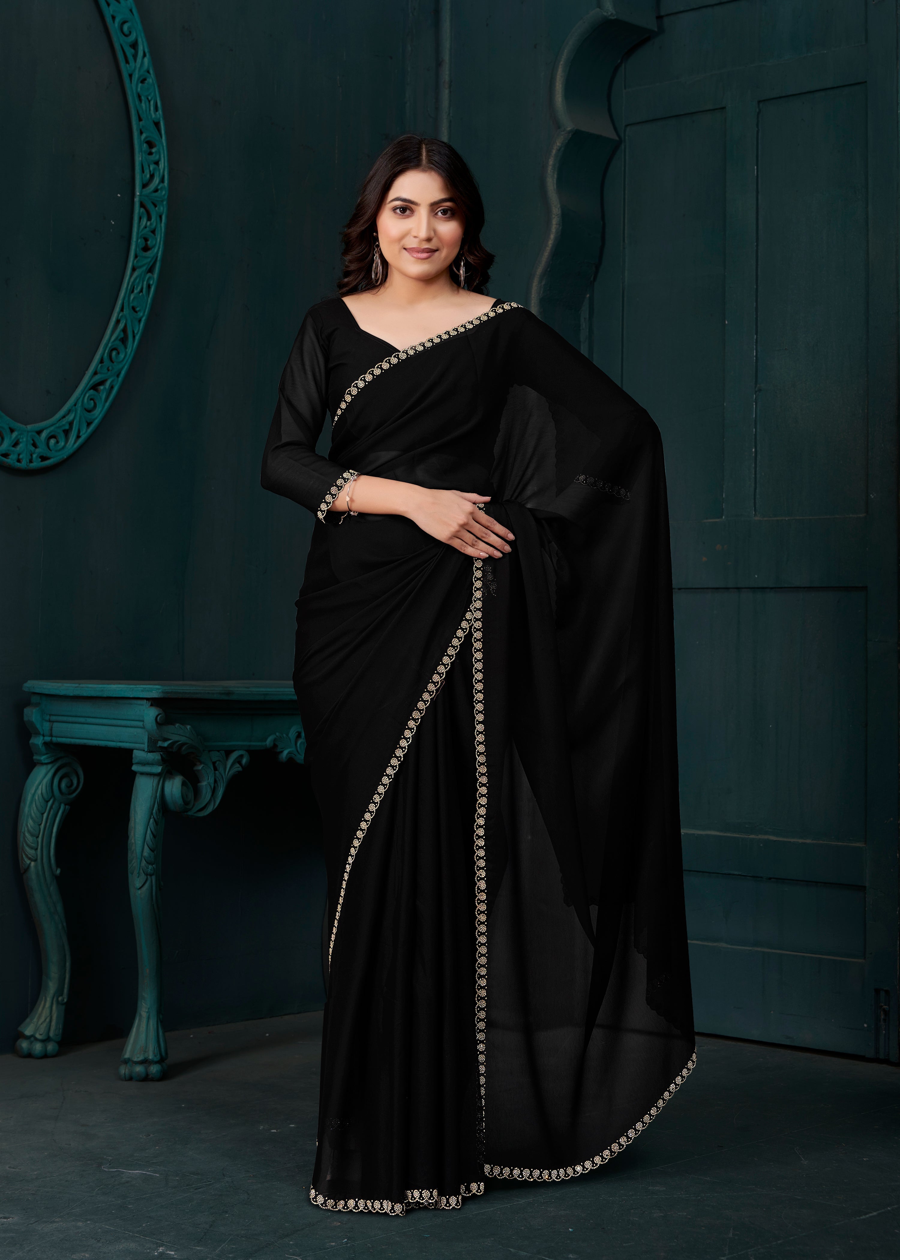 Deep Black Noir Embellished Crepe Silk Saree
