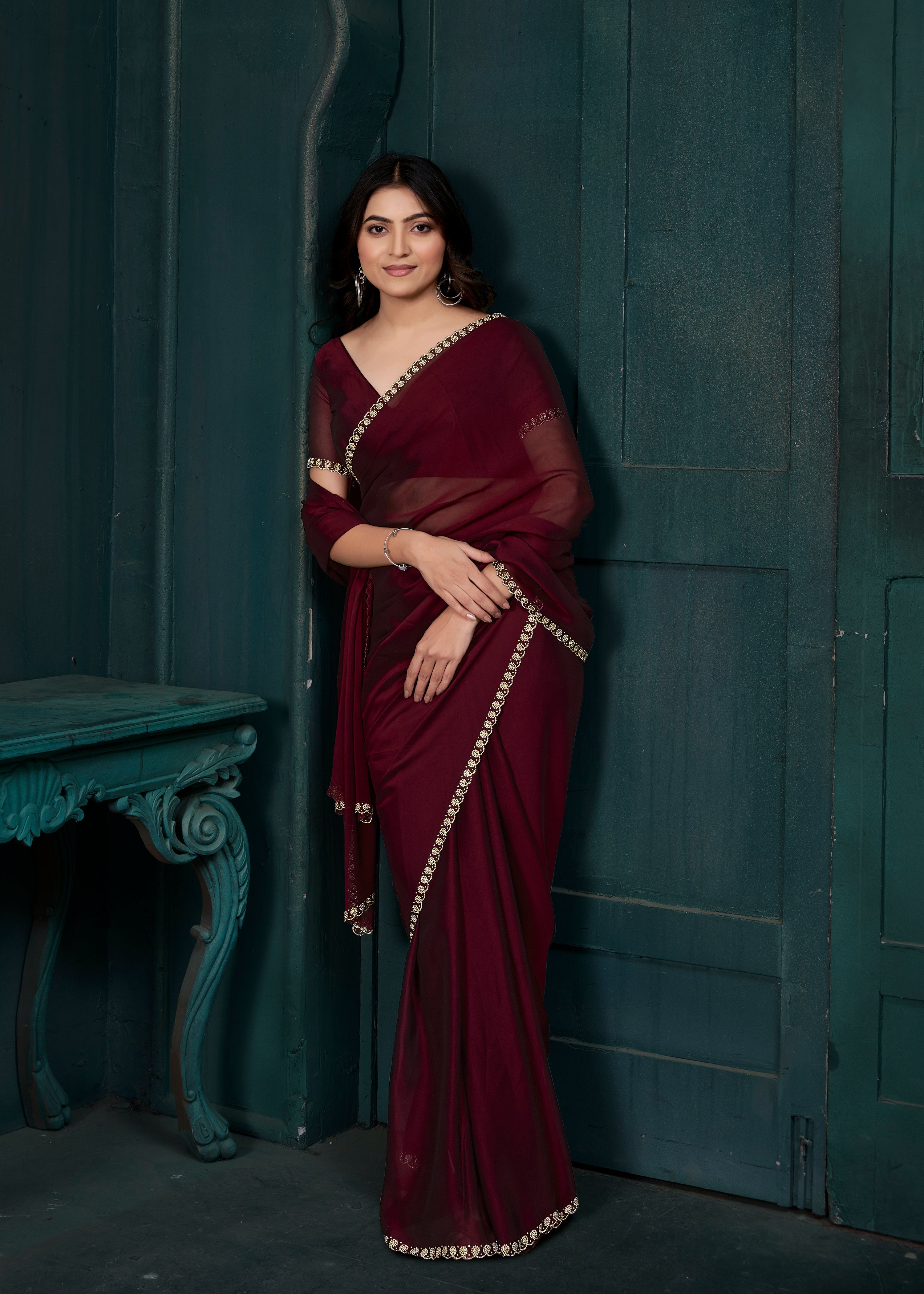 Deep Maroon Embellished Crepe Silk Saree