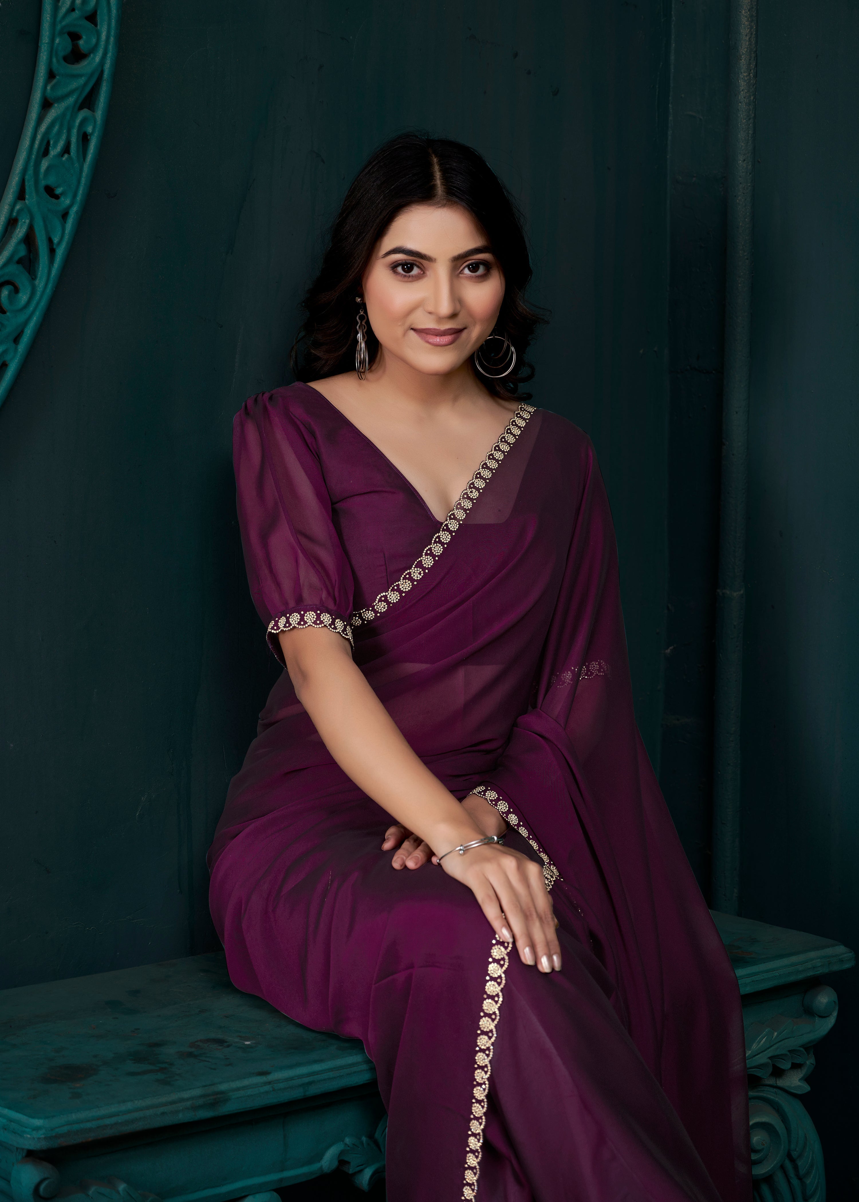 Deep Plum Embellished Crepe Silk Saree