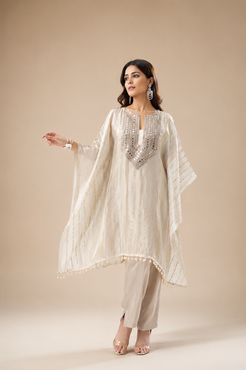 Pearl Ivory Embellished Tissue Silk Kaftan Set